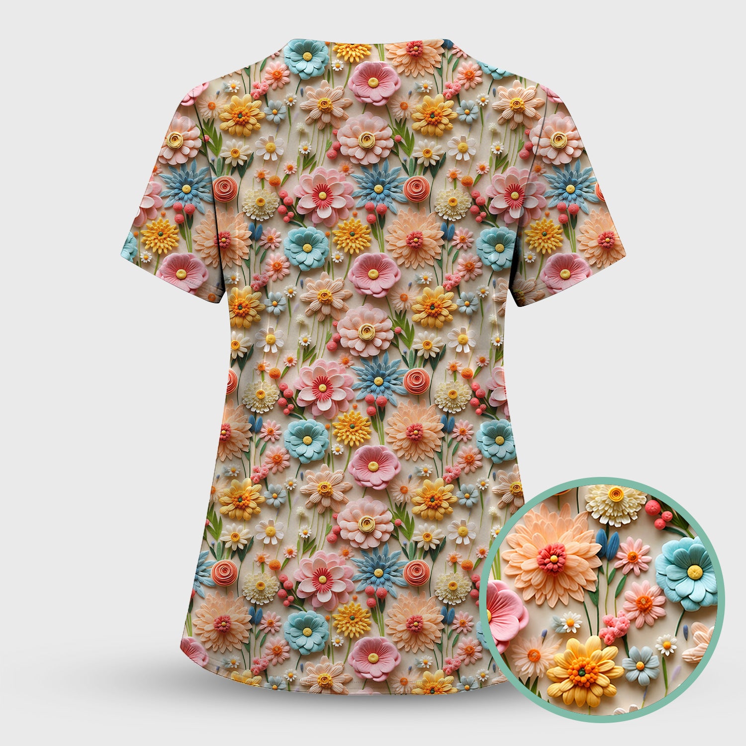Colorful Blooming Wildflower Pattern Scrub Set, Scrub Pants and V Neck Top