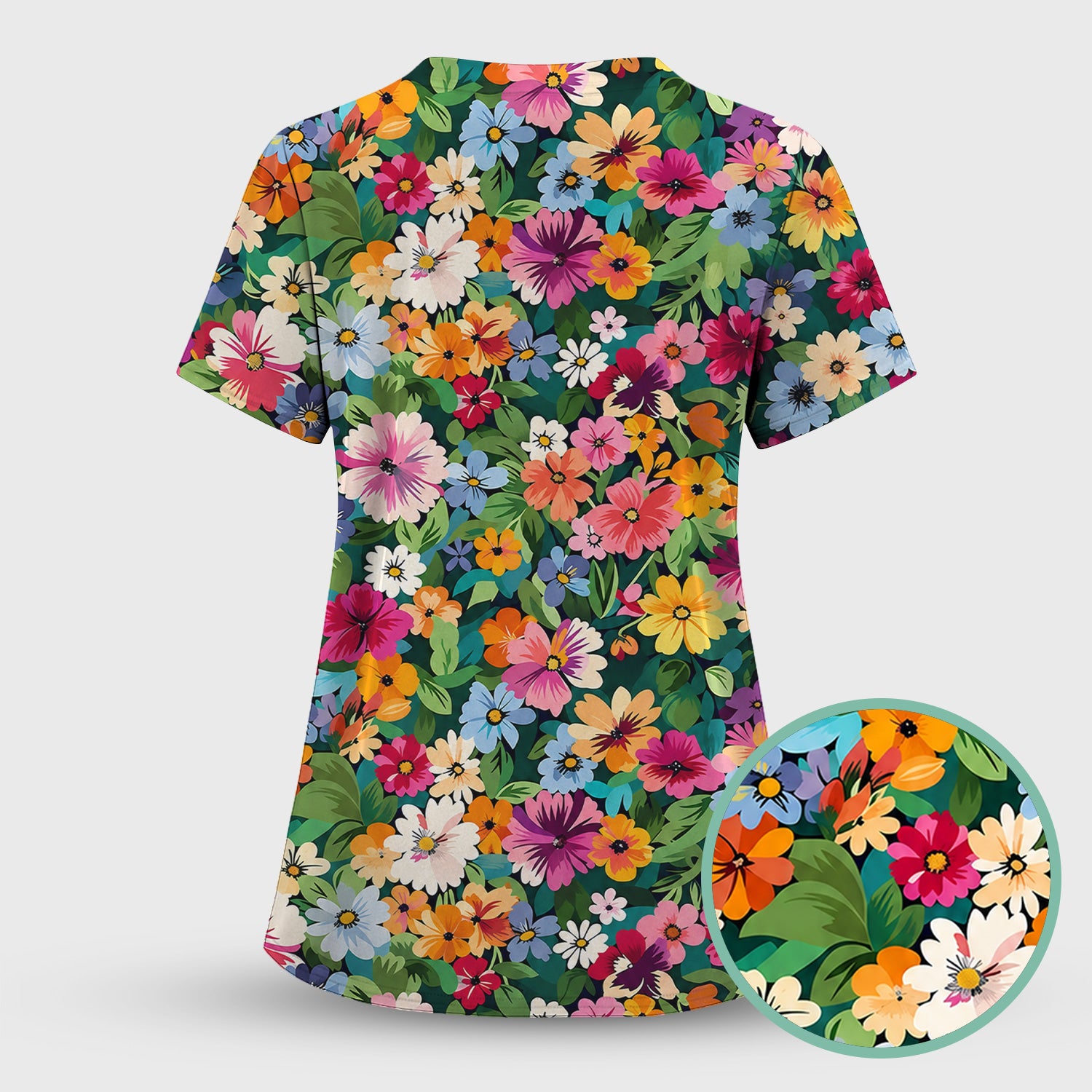 Colorful Wildflower Garden Pattern Scrub Top, Comfortable Scrubs for Nurses