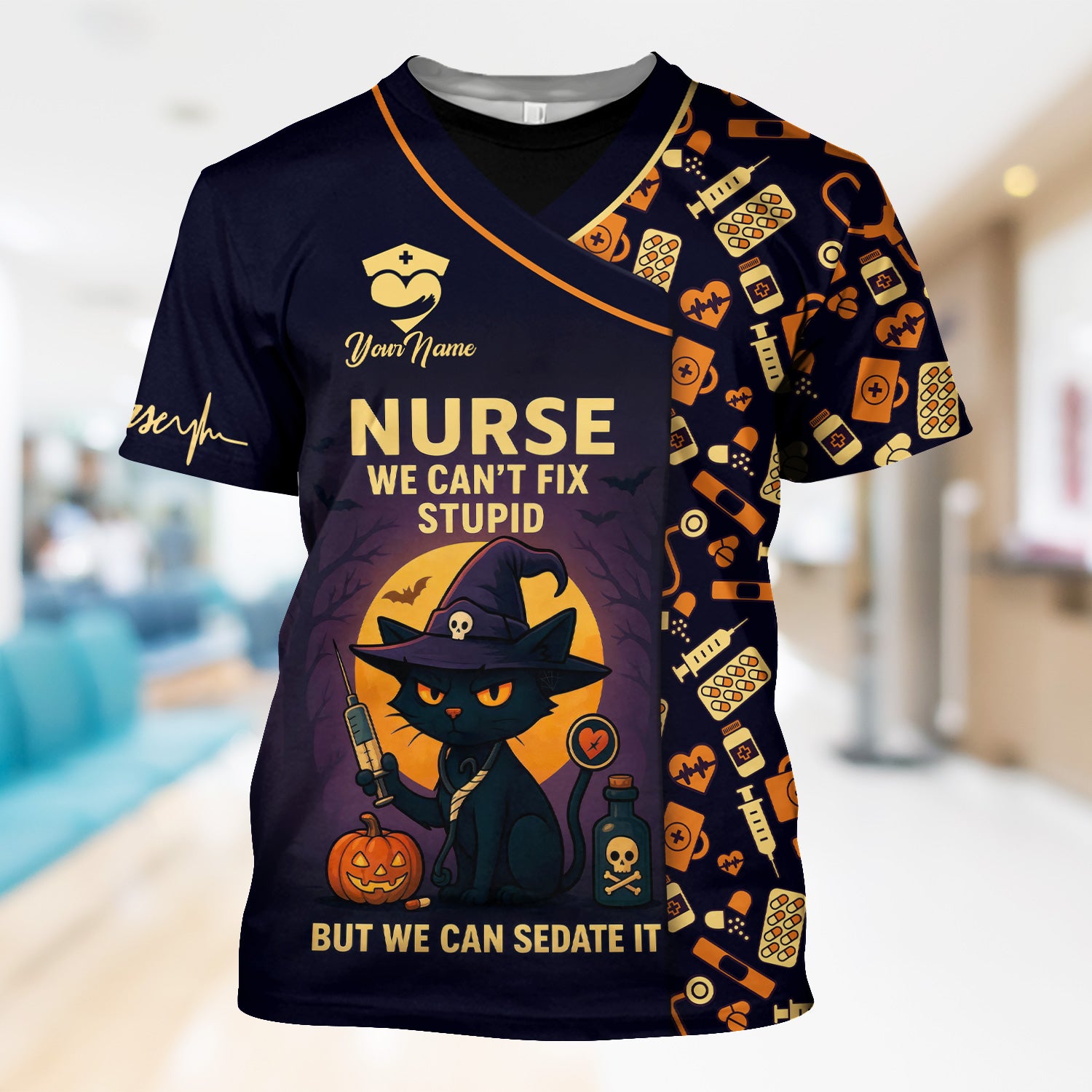 Personalized Halloween Nurse Scrub Top - We Can’t Fix Stupid Black Cat Quote - Gift for RN CNA LPN