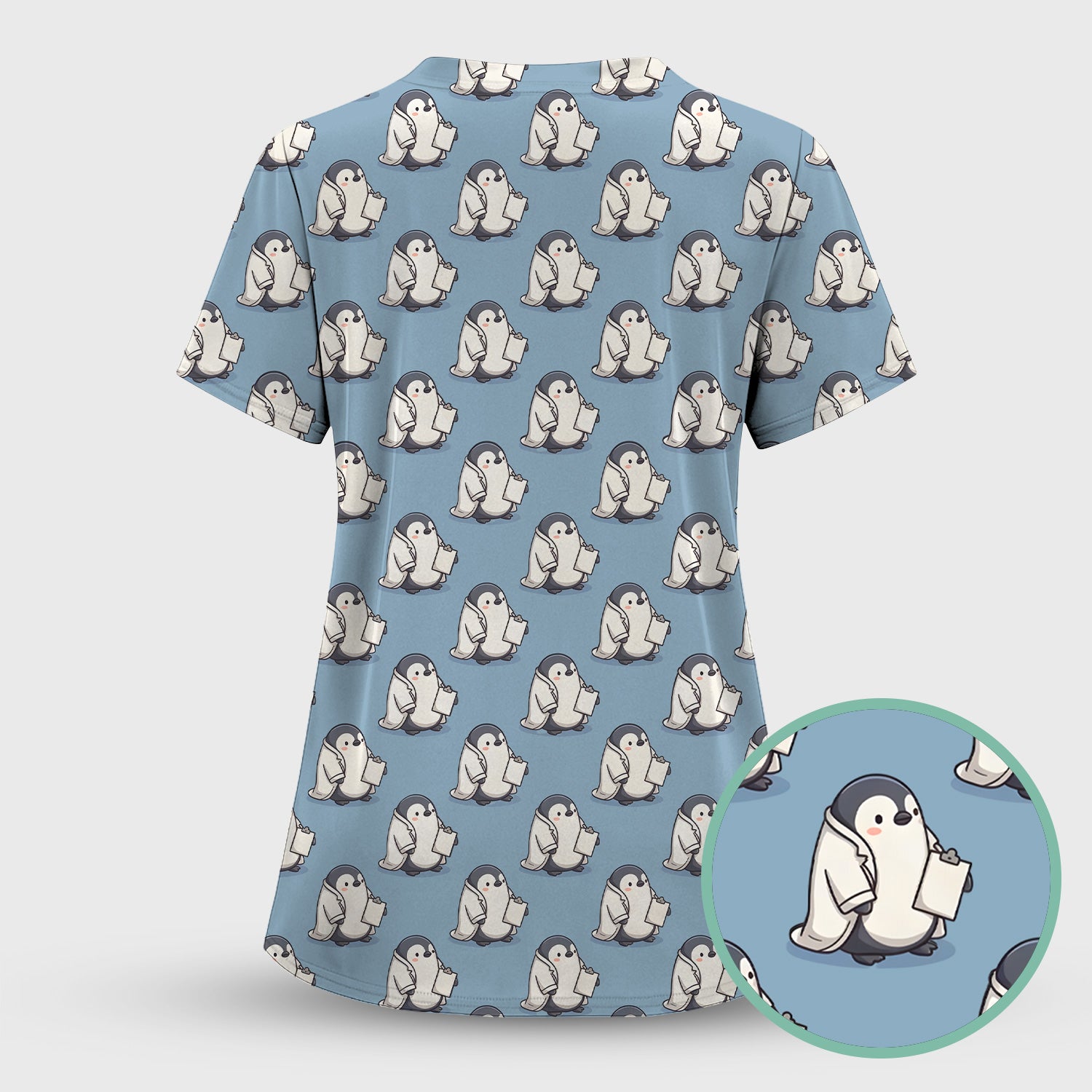 Penguin Nurse Medical Pattern Scrub Set, Scrub Pants and V Neck Top