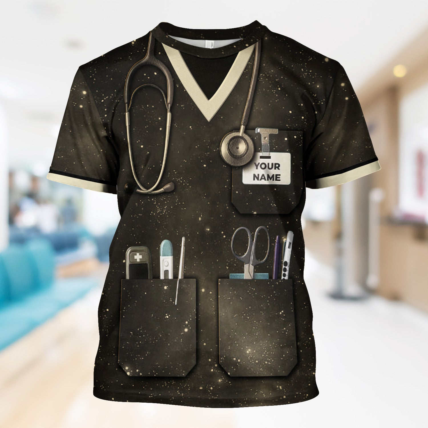 Custom Name Nurse Scrub Shirt - Stethoscope Pocket Tools & Flower Inspiration Design - Appreciation Gift for RN CNA LPN Healthcare Workers