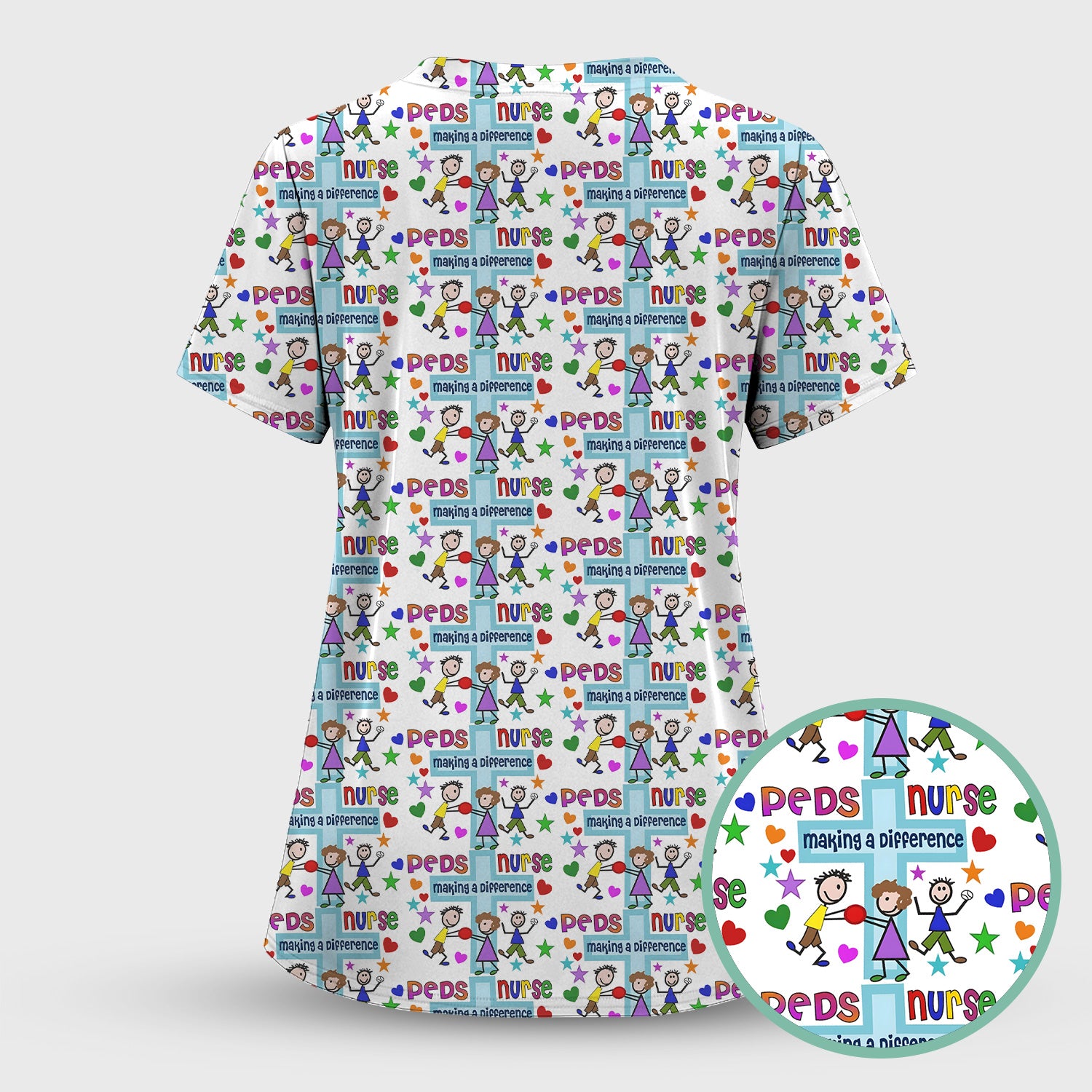 Peds Nurse Making A Difference Pattern Scrub Set, Scrub Pants and V Neck Top