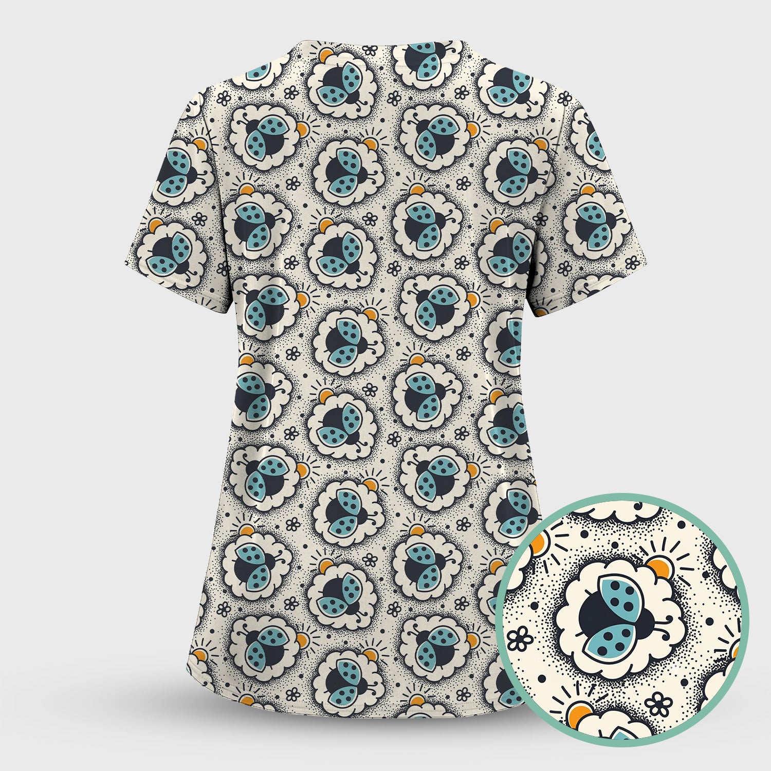 Cute Ladybug in Floral Frame Pattern Scrub Top, Breathable Fabrics Nursing Uniform