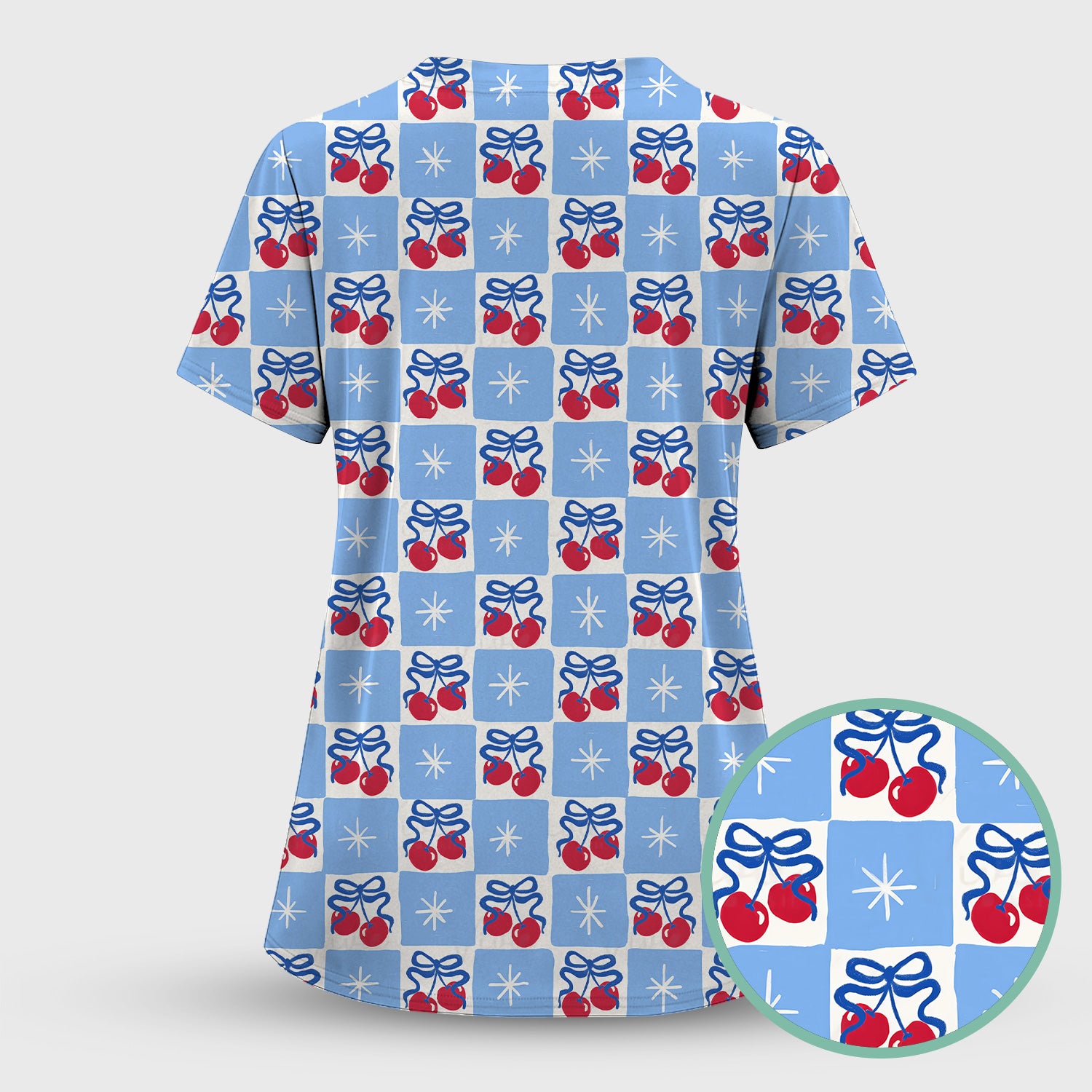 Cute Cherry Bow With Blue Gingham Check Pattern Scrub Set, Scrub Pants and V Neck Top