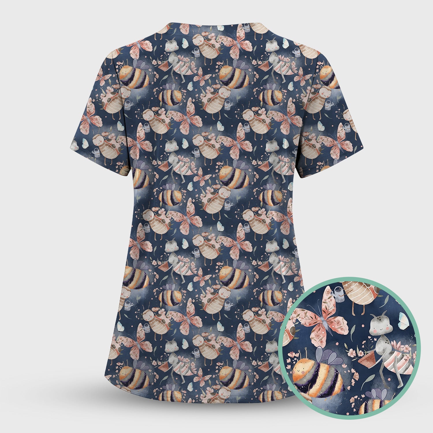 Cute Whimsical Bee Fairy Garden Pattern Scrub Set, Scrub Pants and V Neck Top