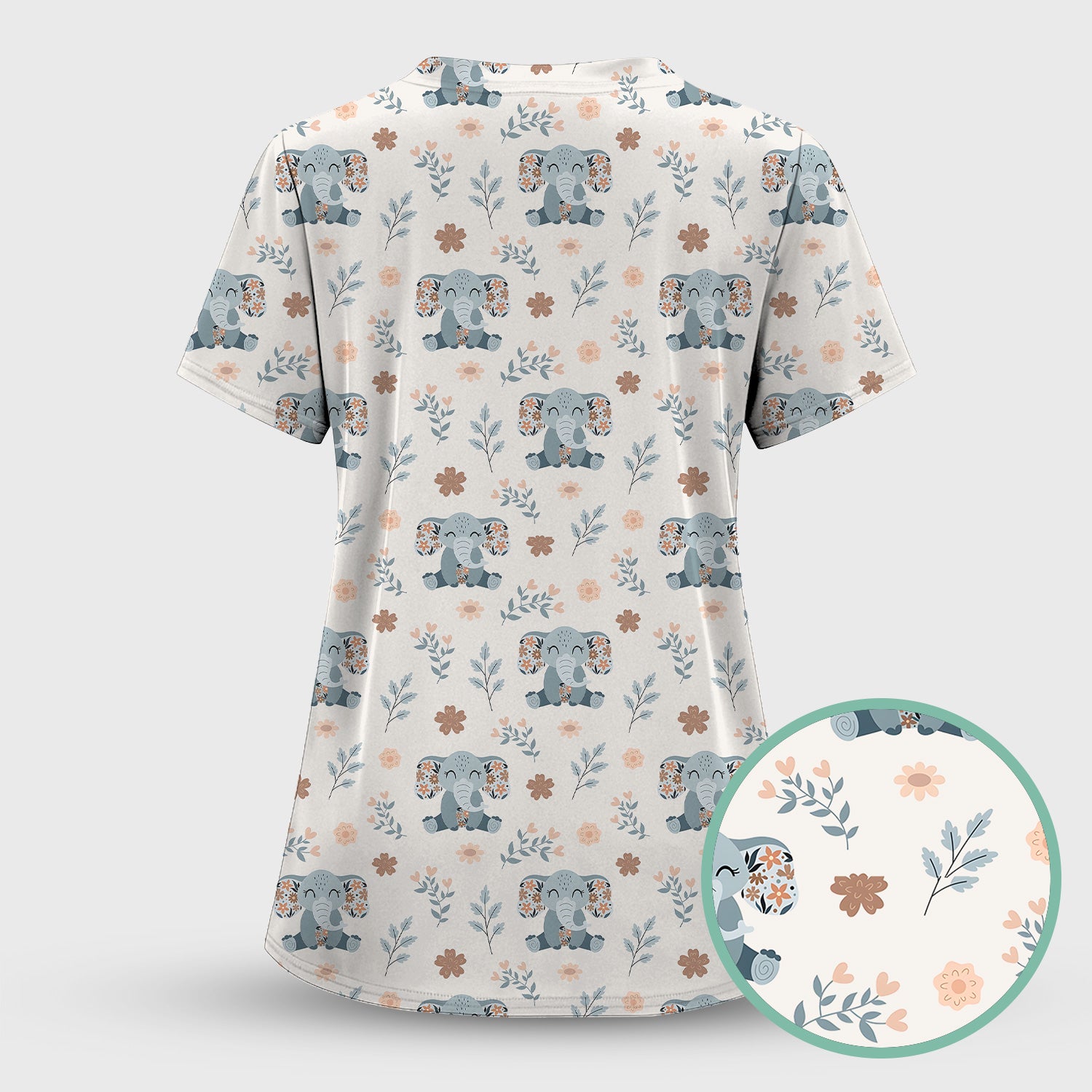Cute Elephant Floral Print Scrub Top, Comfortable Scrubs for Nurses