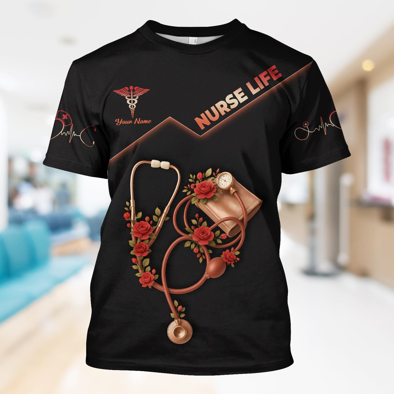 Personalized Nurse Life Shirt - Customizable Nursing Graphic Tee with Roses and Stethoscope - Gift for RN LPN CNA