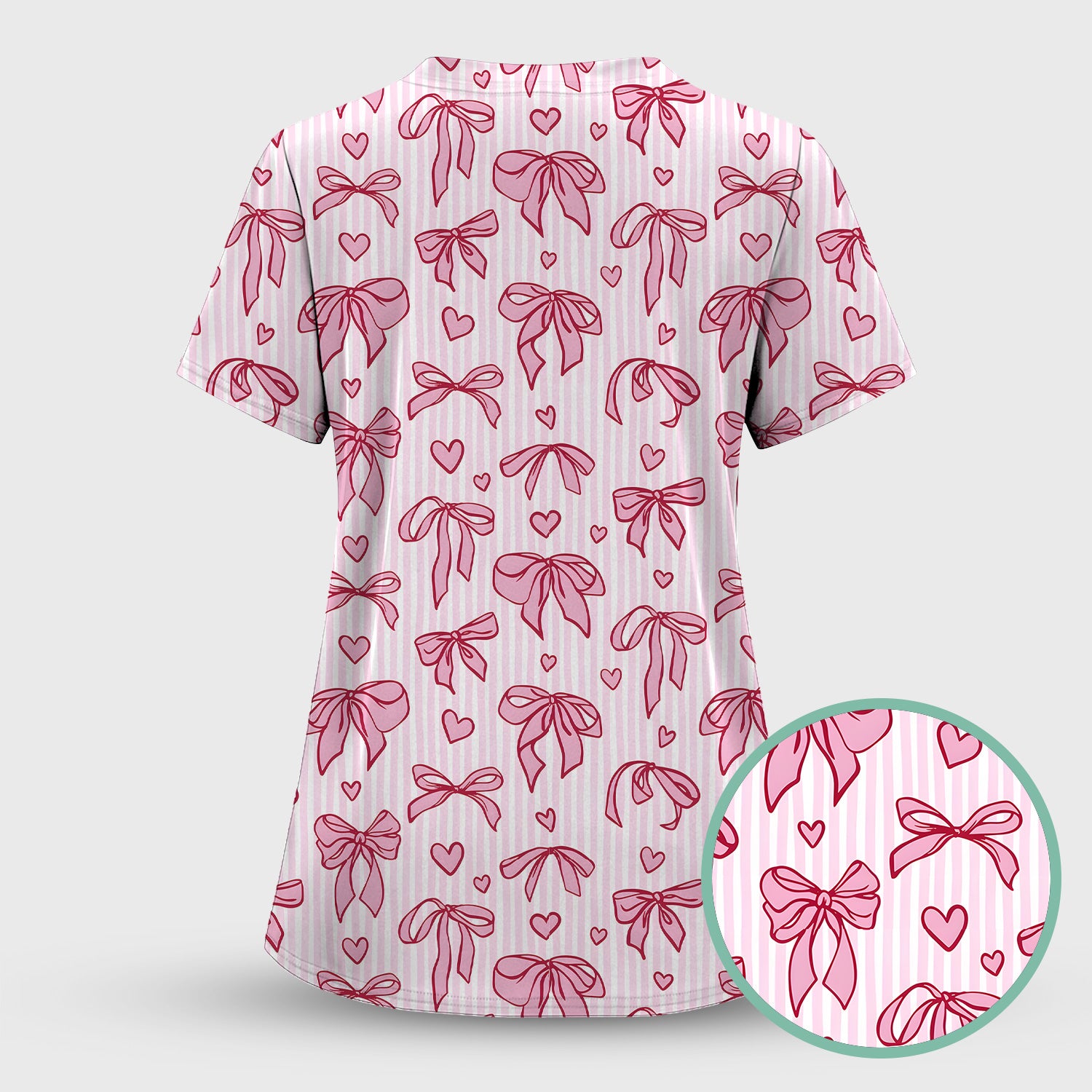 Pink Bow Heart Stripe Pattern Scrub Set, Scrub Pants and V Neck Top