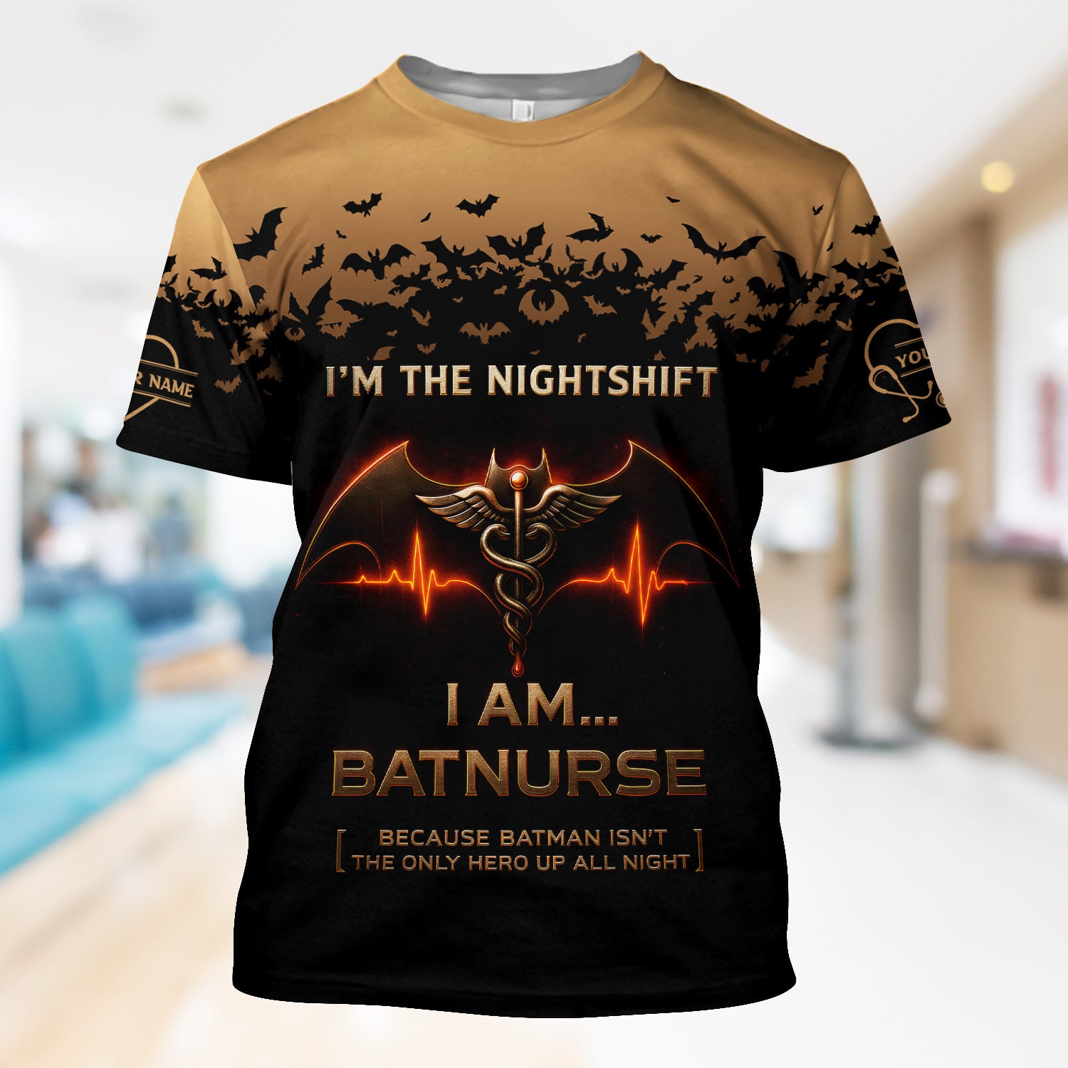 Custom Name Funny Batnurse Scrub Top - I'm the Nightshift RN LPN CNA Uniform - Halloween Gift for Healthcare Workers Nightshift Nurses