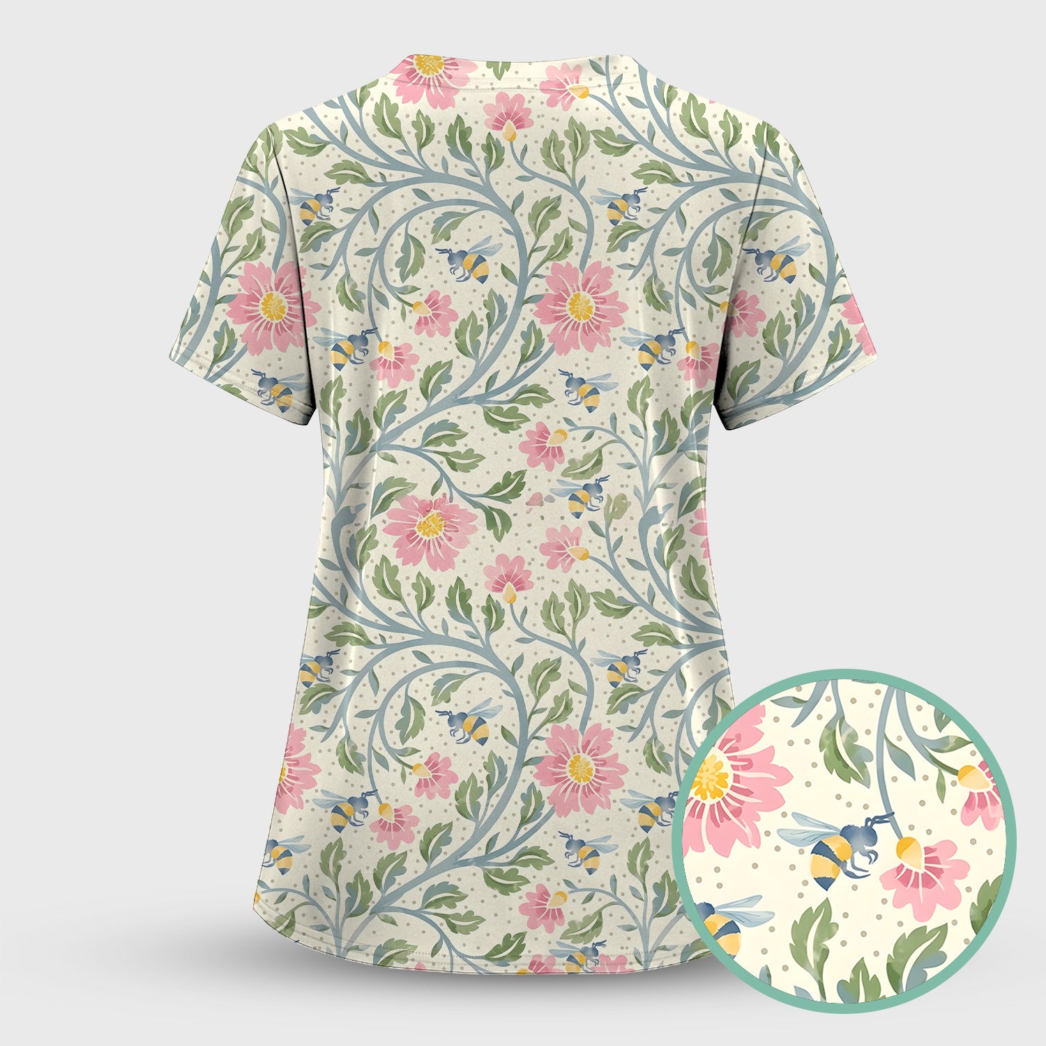 Cute Floral Bee Garden Nurse Pattern Scrub Top, Comfortable Scrubs for Nurses