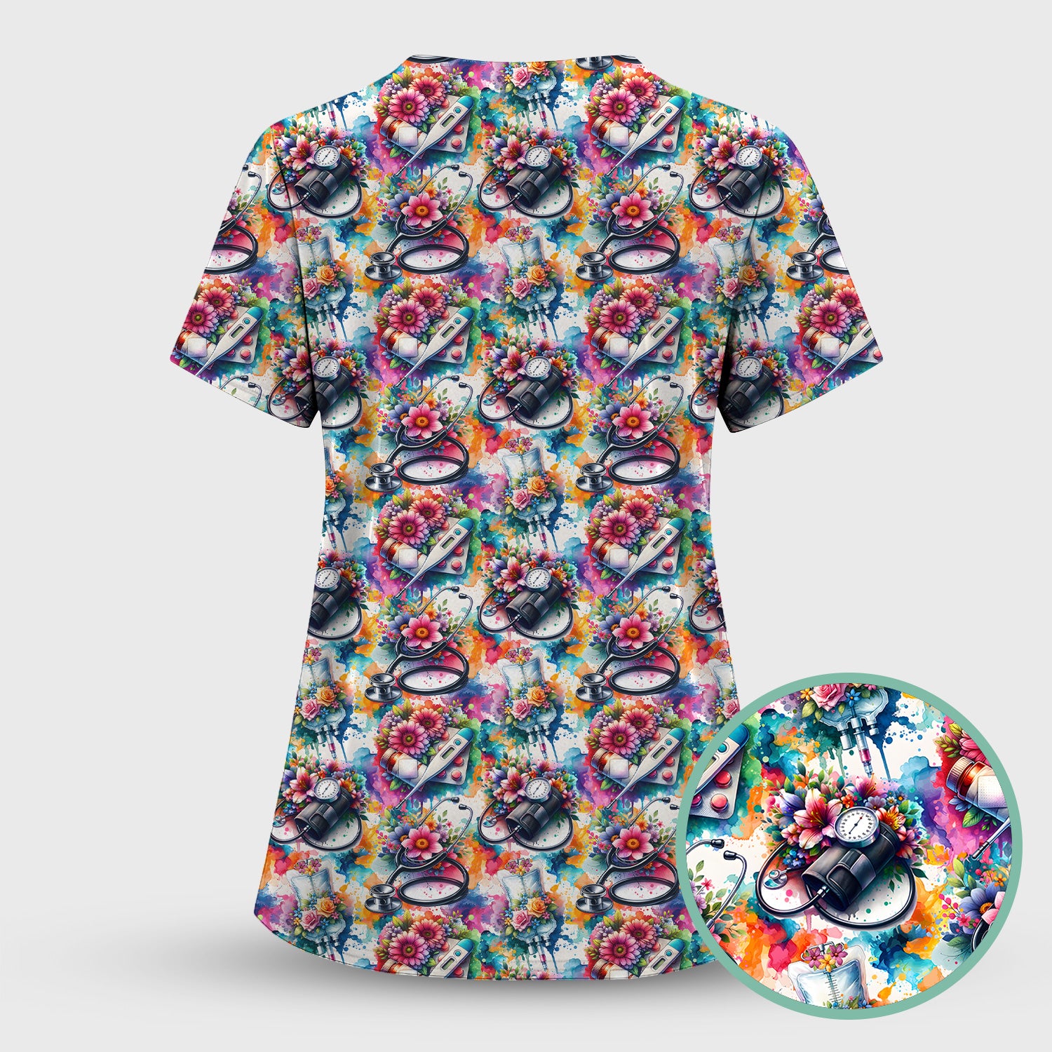 Colorful Medical Tools Floral Pattern Scrub Top, Comfortable Scrubs for Nurses