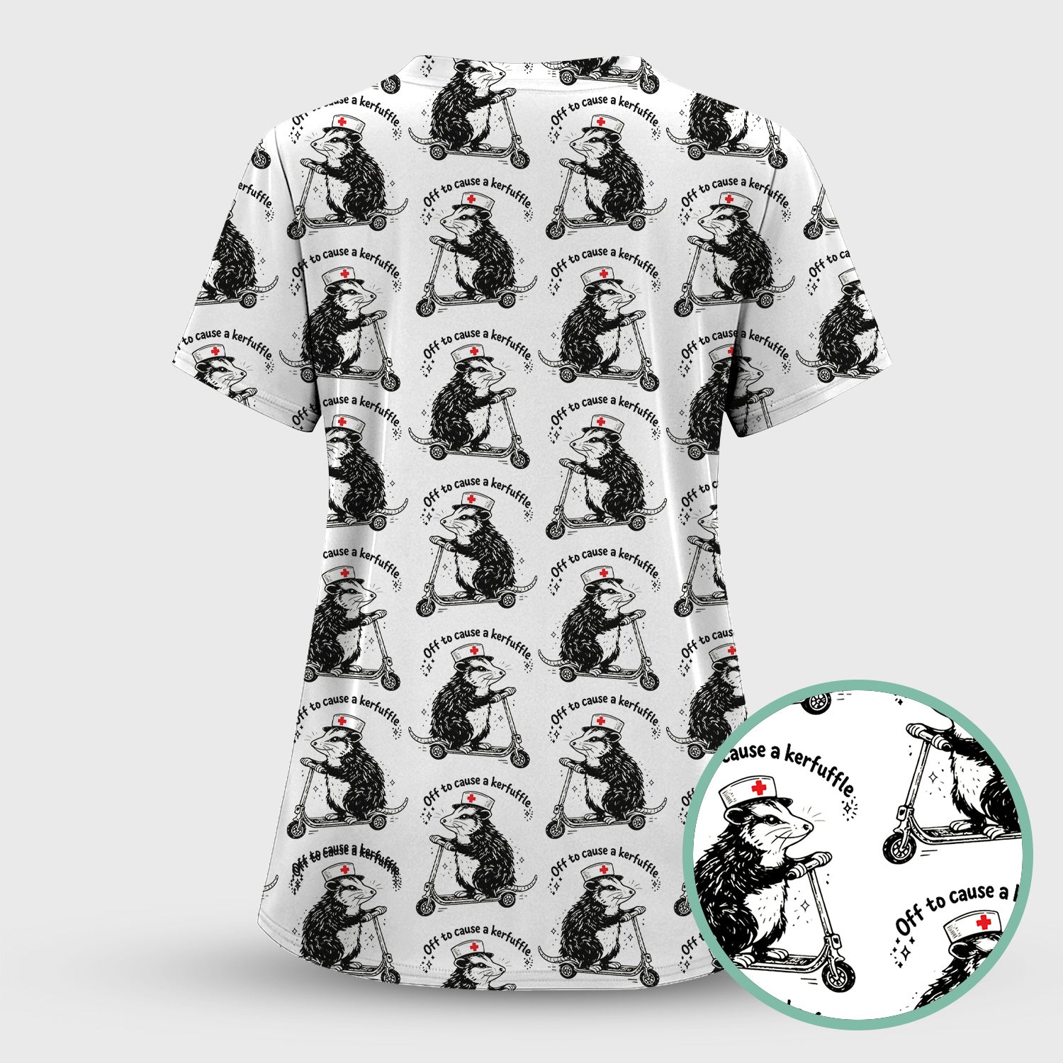 Funny Opossum Nurse Riding Scooter Pattern Scrubs Top, Breathable Fabrics Nursing Uniform