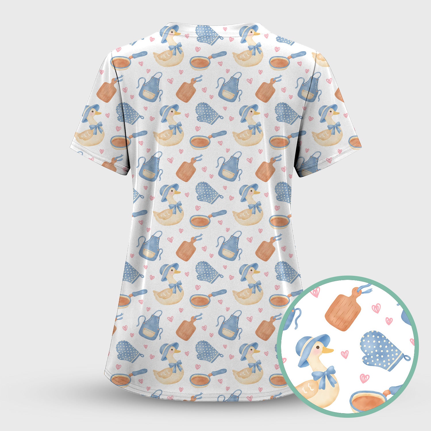 Duck Apron Kitchen Utensil Heart Pattern Scrub Top, Comfortable Scrubs for Nurses