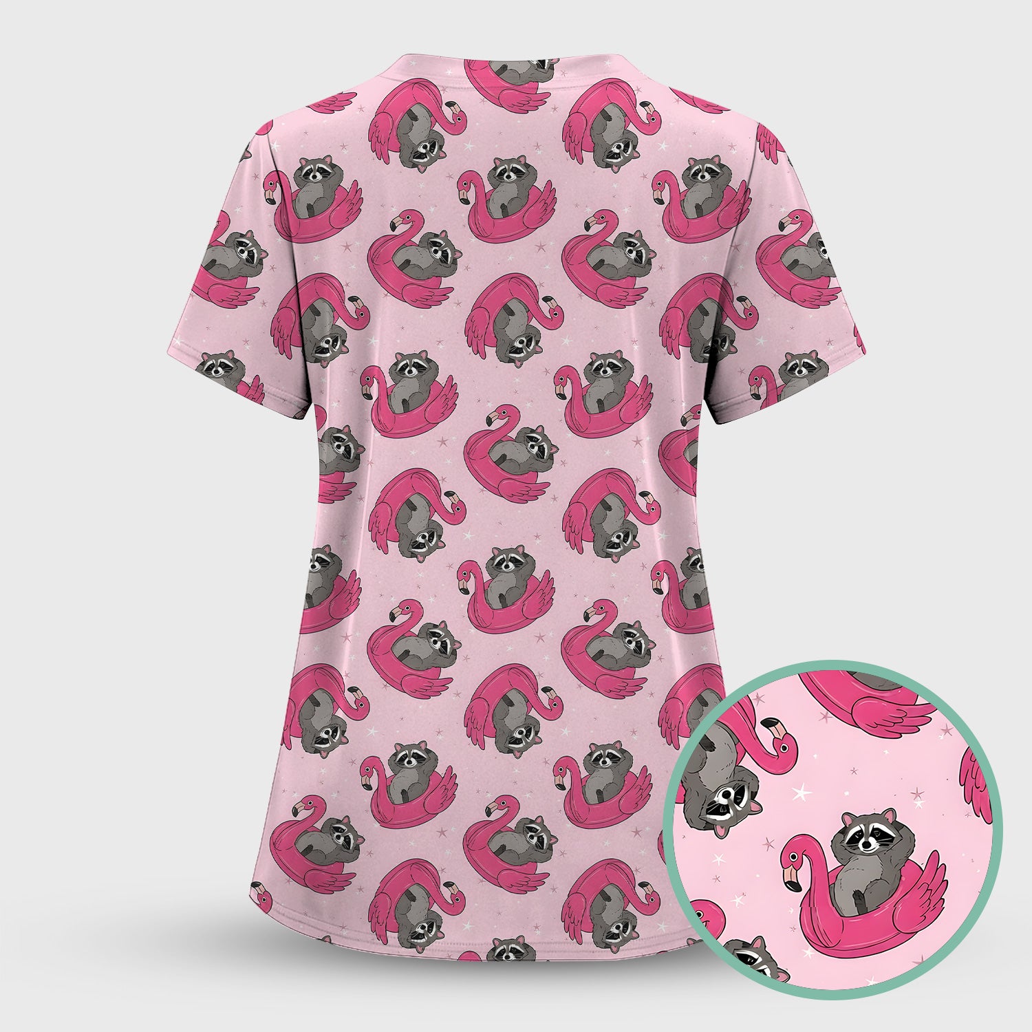 Cute Raccoon Flamingo Float Pattern Scrub Set, Scrub Pants and V Neck Top