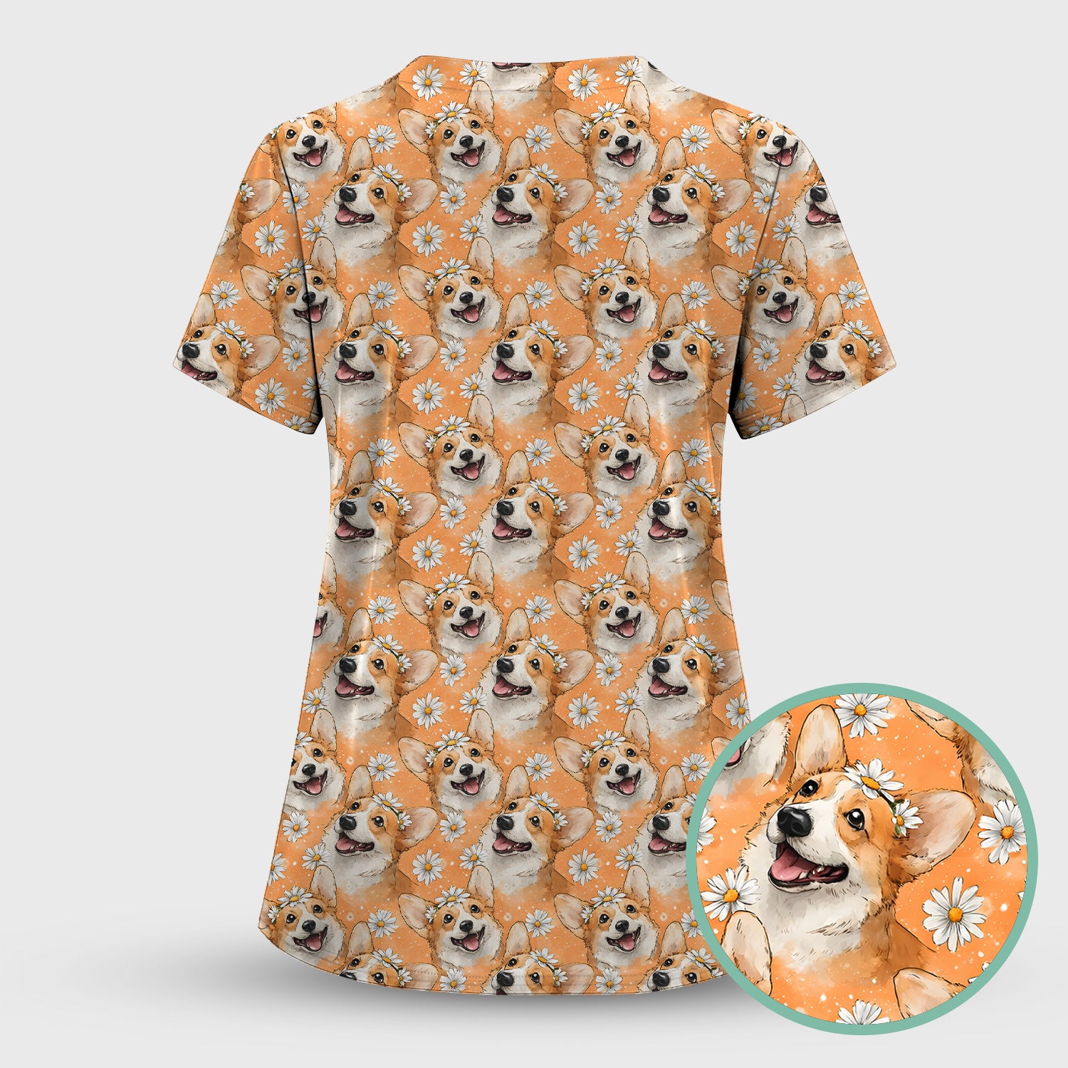 Happy Corgi Daisy Floral Pattern Orange Scrub Set,  Breathable Med Uniform