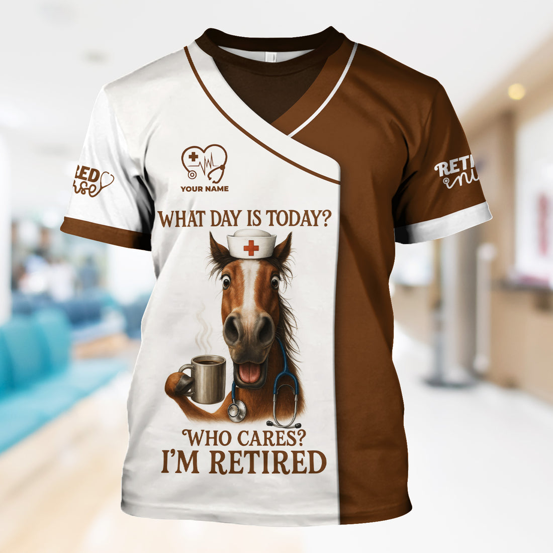 Funny Scrubs Top for Retired Nurse - Horse Design with Coffee Mug Quote - RN LPN Medical Staff Retirement Gift