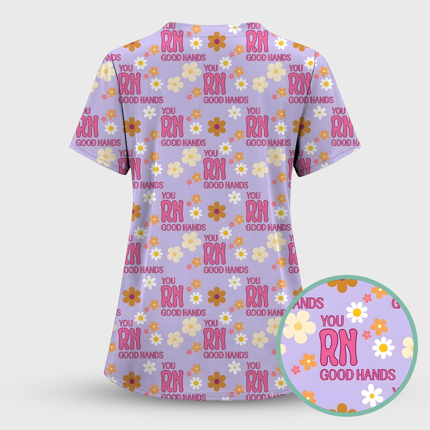 You RN Good Hands Floral Daisy Pattern Scrub Set, Scrub Pants and V Neck Top