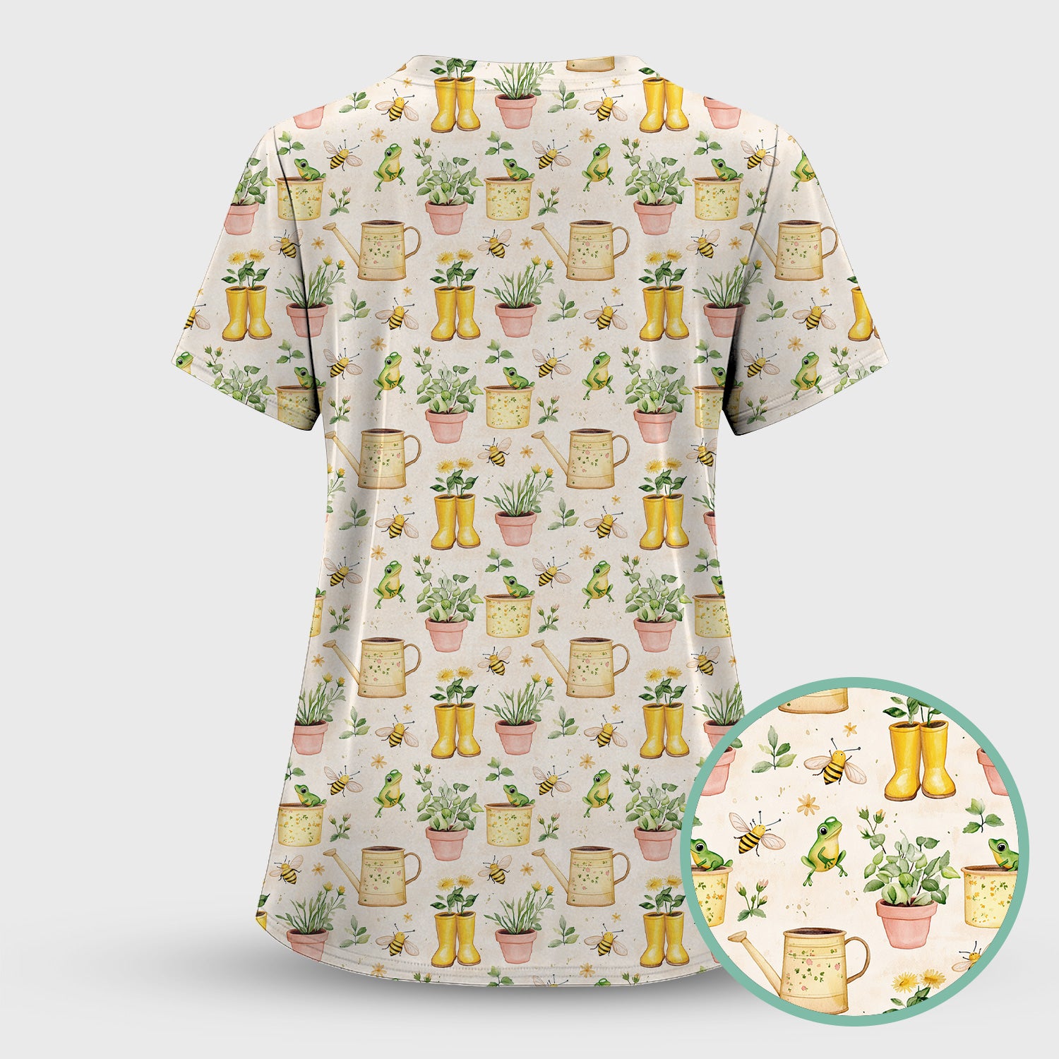Cute Nurse Frog And Bee Garden Pattern Scrub Set, Scrub Pants and V Neck Top
