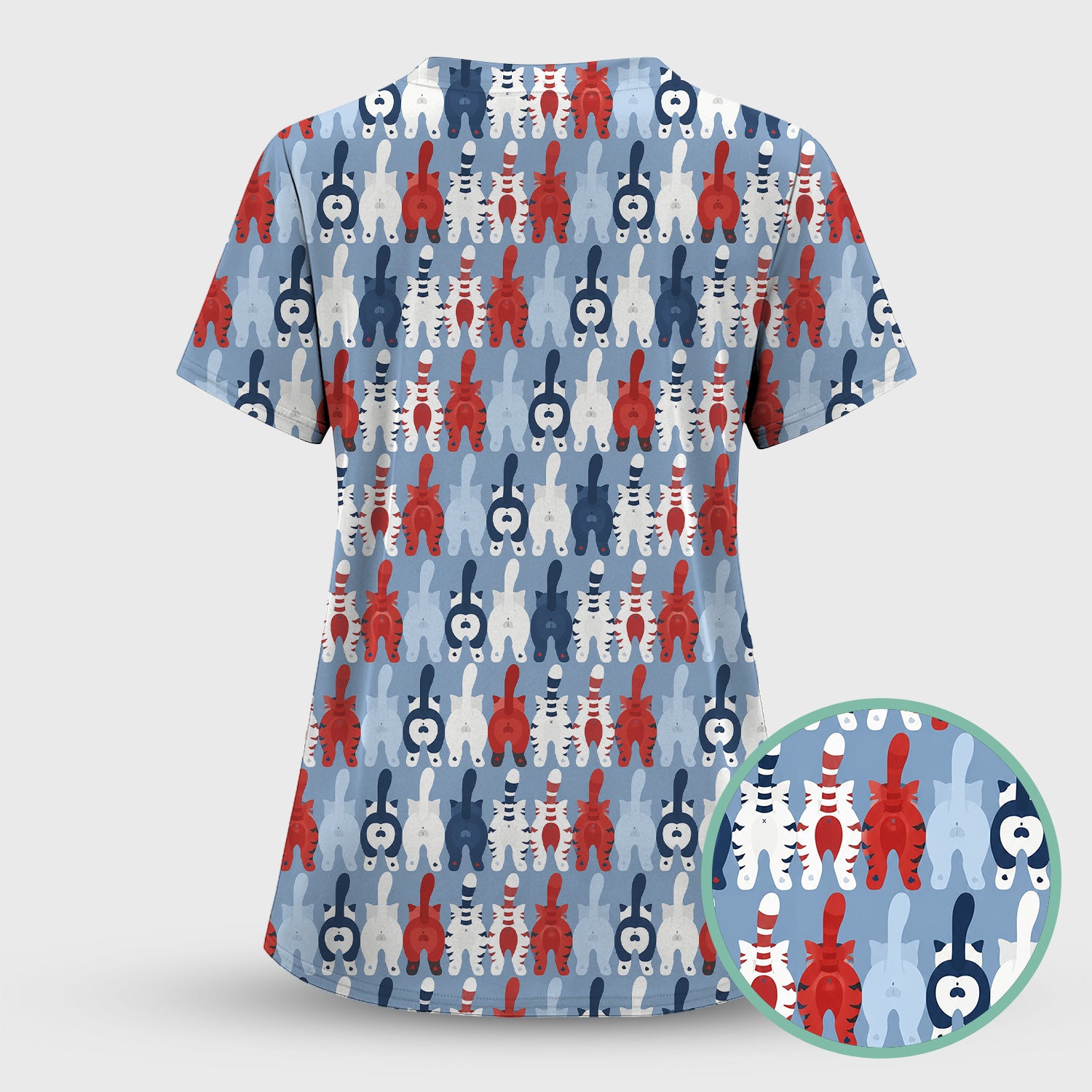 Colorful Patriotic Cat Tail Pattern Scrub Set, Scrub Pants and V Neck Top