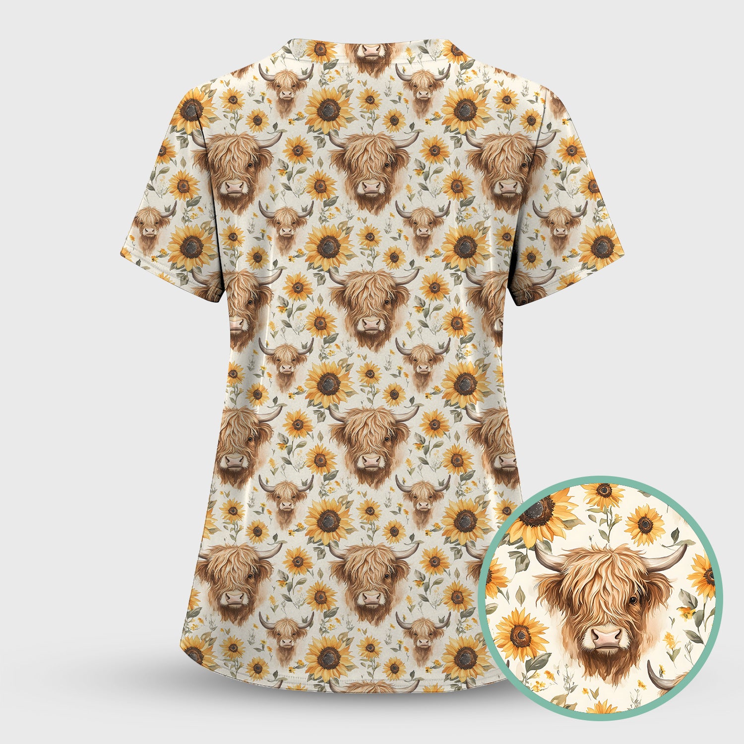 Highland Cow Sunflower Scrub Top, Rustic Farmhouse Nursing Uniform