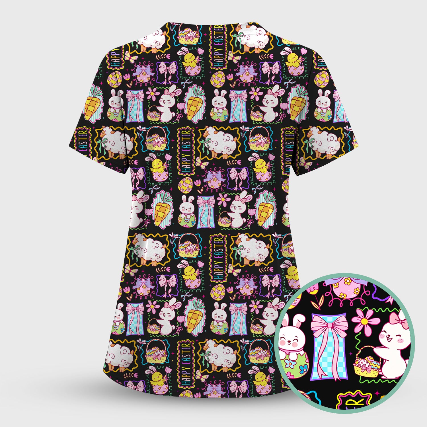 Cute Easter Bunny Egg and Bow Print Scrub Top, Breathable Fabrics Nursing Uniform