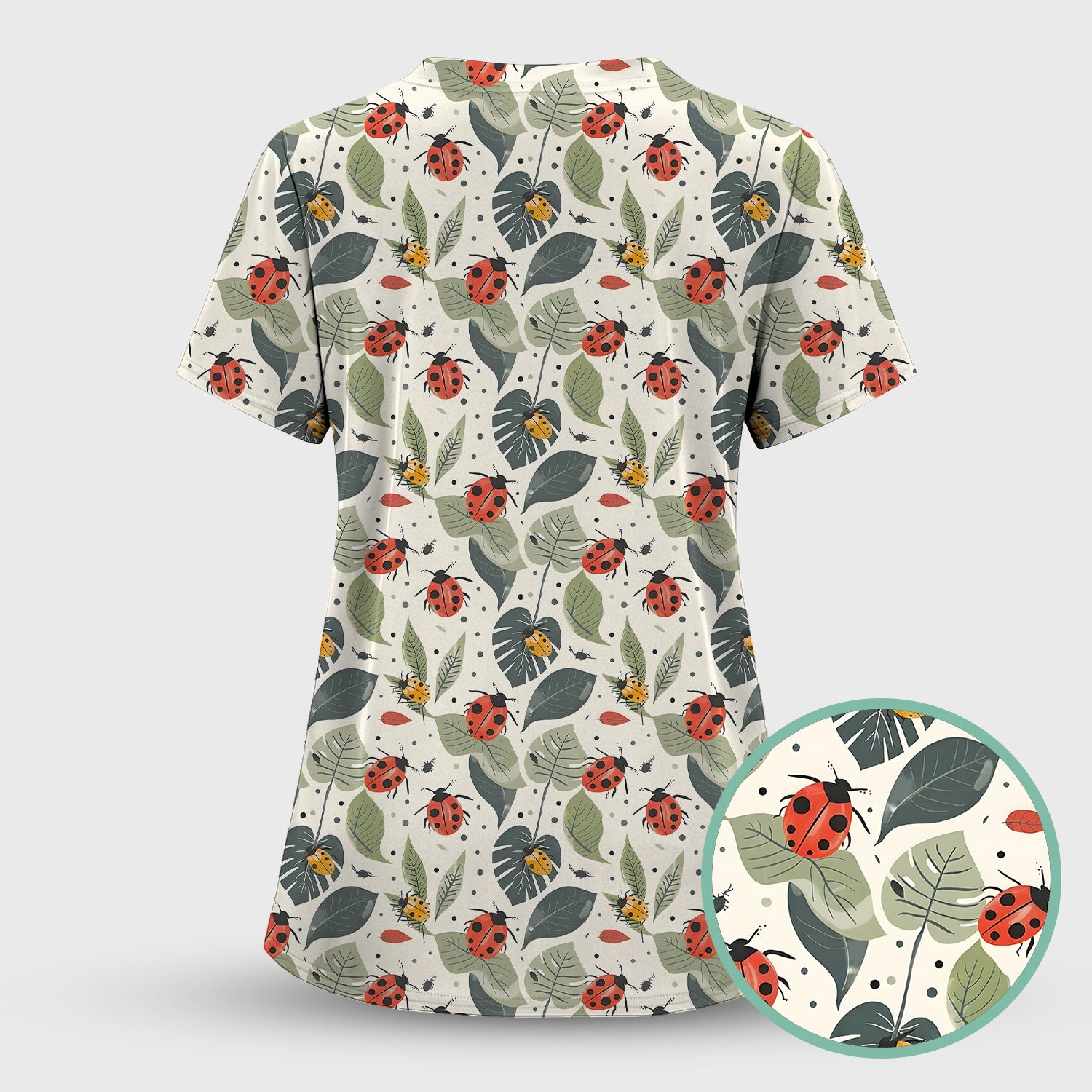 Cute Ladybug Leaf Nature Pattern Scrub Top, Comfortable Scrubs for Nurses