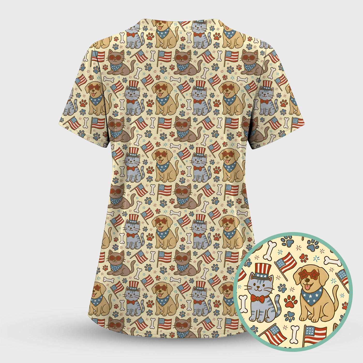 American Flag Patriotic Cat & Dog Pattern Scrub Set, Scrub Pants and V Neck Top