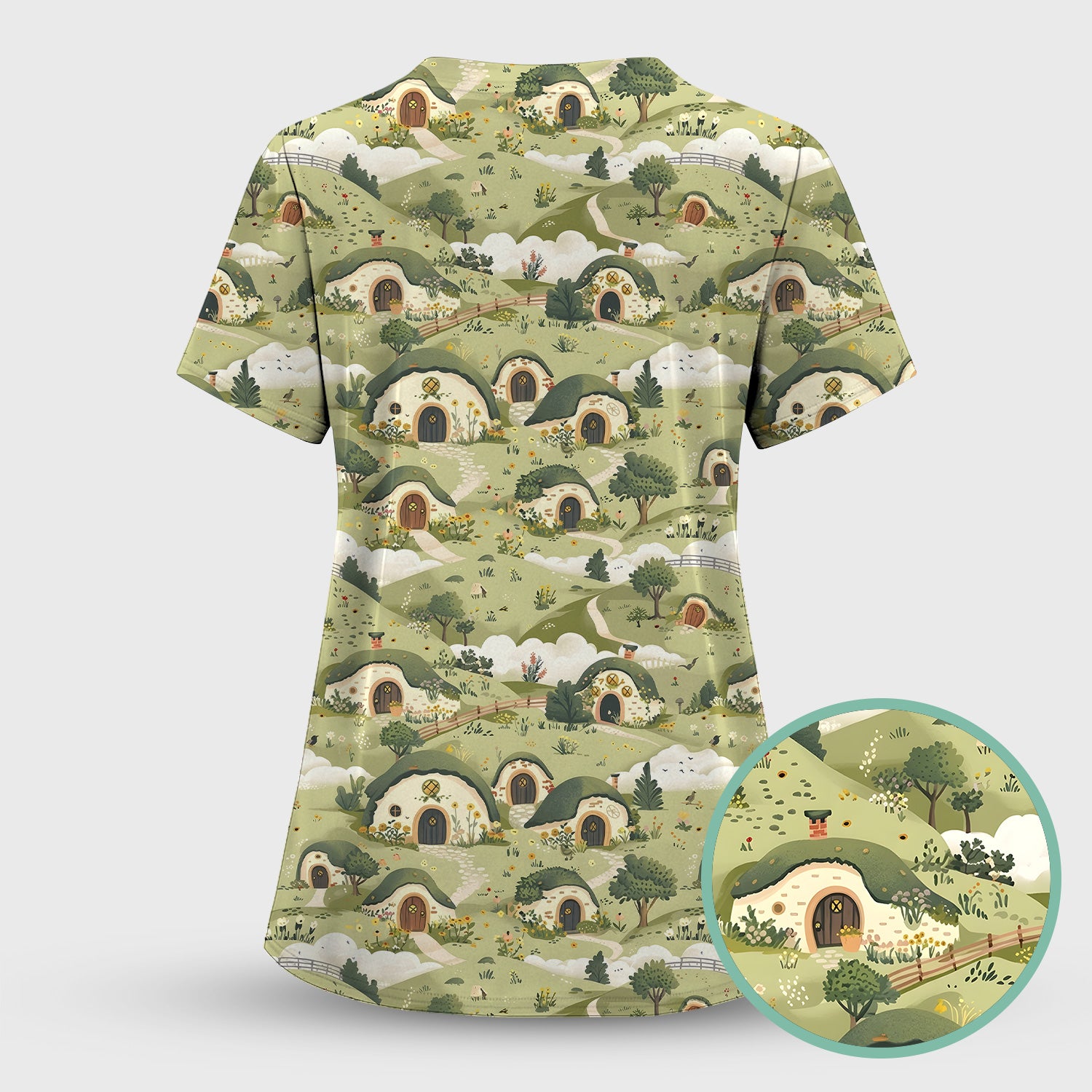 Cozy Hobbit Village Landscape Pattern Scrub Top, Comfortable Scrubs for Nurses