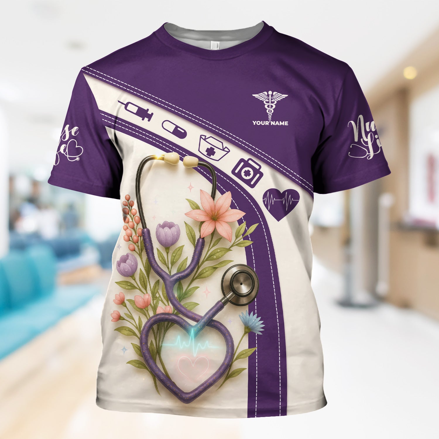 Custom Floral Scrub Top for Nurses - Heartbeat Stethoscope Purple Shirt - Personalized Medical Uniform Gift for RN CNA LPN