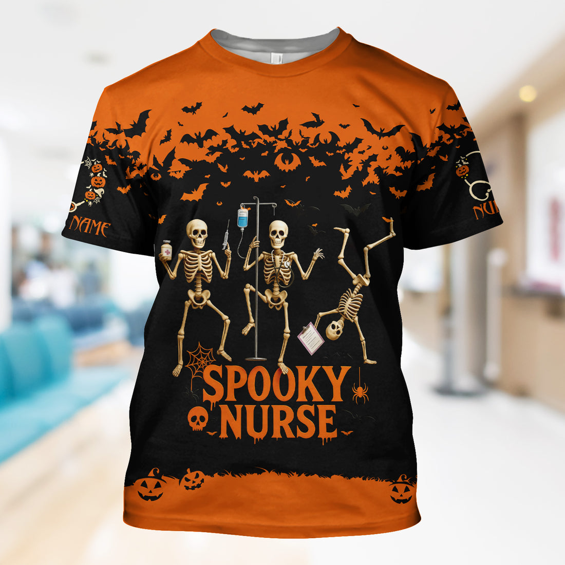 Spooky Nurse Halloween Shirt - Funny Skeleton Medical Scrub Top for RN CNA - Custom Name All Over Print Gift for Nurses
