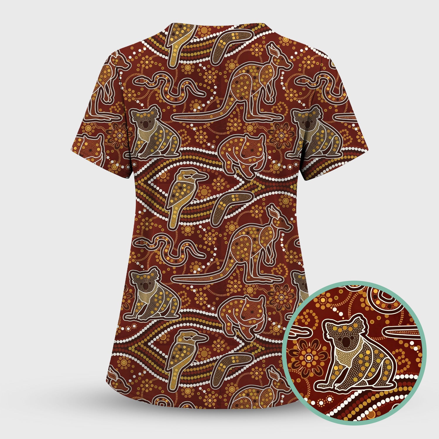 Australian Kangaroo Koala Aboriginal Art Pattern Scrub Sets, Scrub Pants and V Neck Top