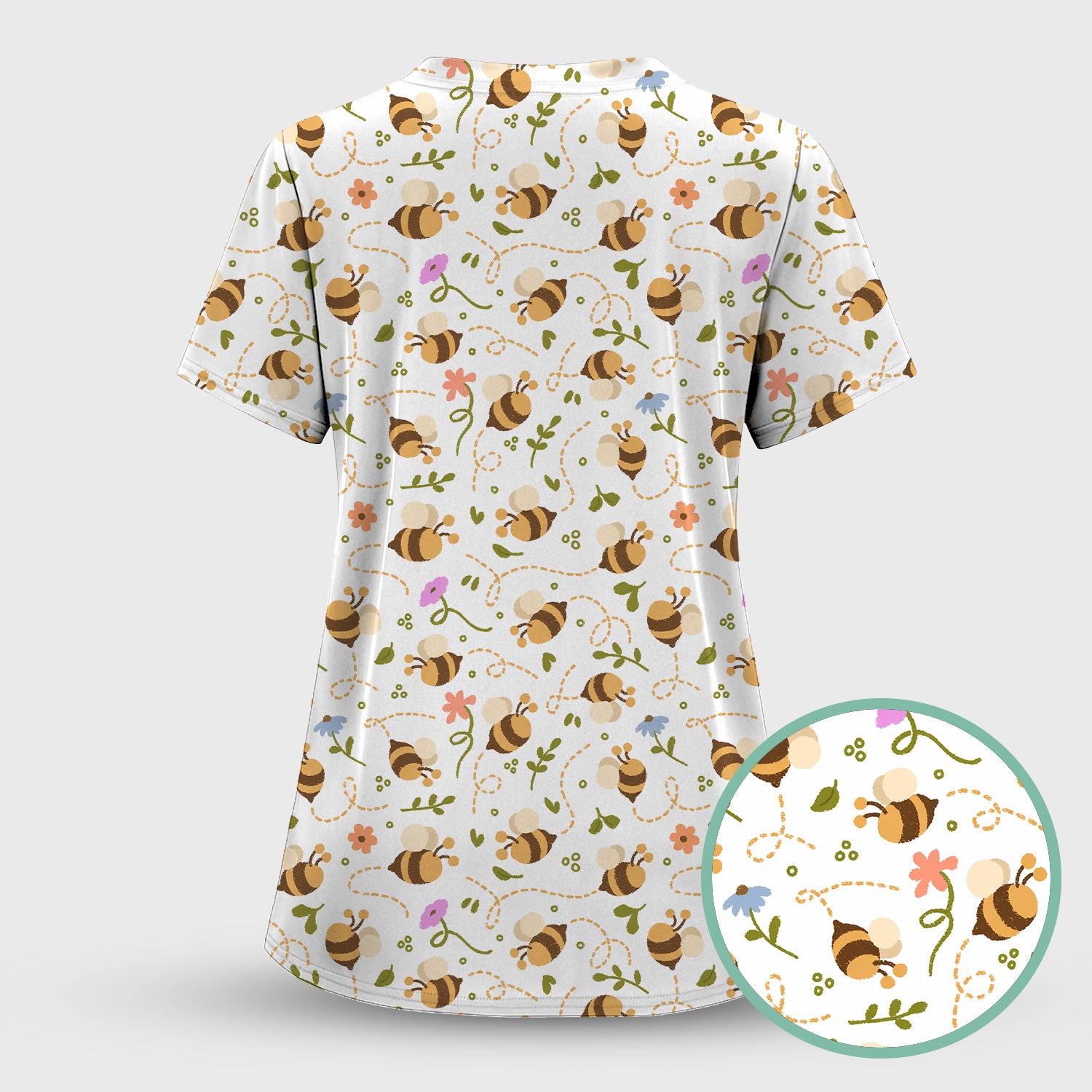Bee Flying Floral Trail Garden Pattern Scrub Set, Scrub Pants and V Neck Top