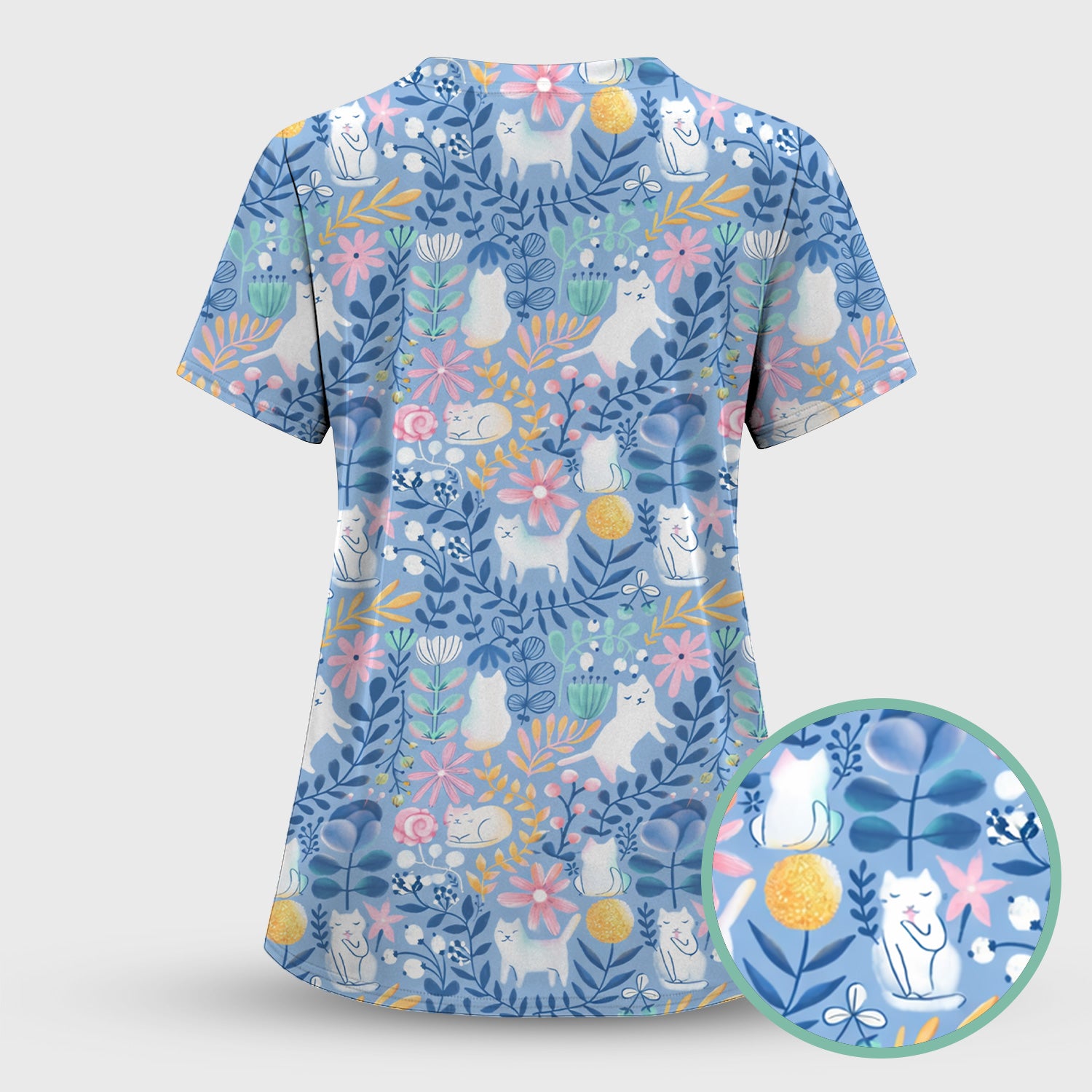 Whimsical Cat Floral Pattern Scrub Set, Women's Scrub Sets