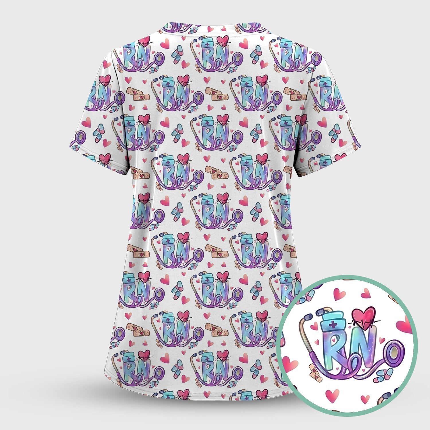 Nurse Life RN Heart Pattern Scrub Set, Scrub Pants and V Neck Top