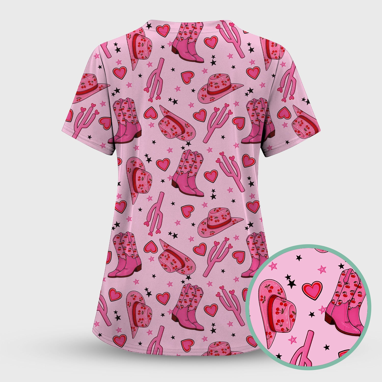 Pink Cowgirl Western Boots Hat Pattern Scrub Top, Breathable Medical Uniform Top