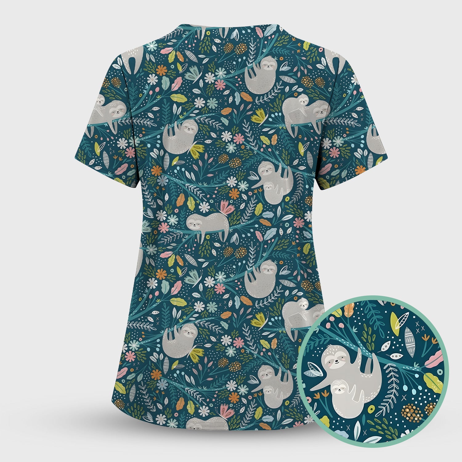 Cute Sloth Jungle Leaf Floral Pattern Scrub Set, Women's Scrub Sets