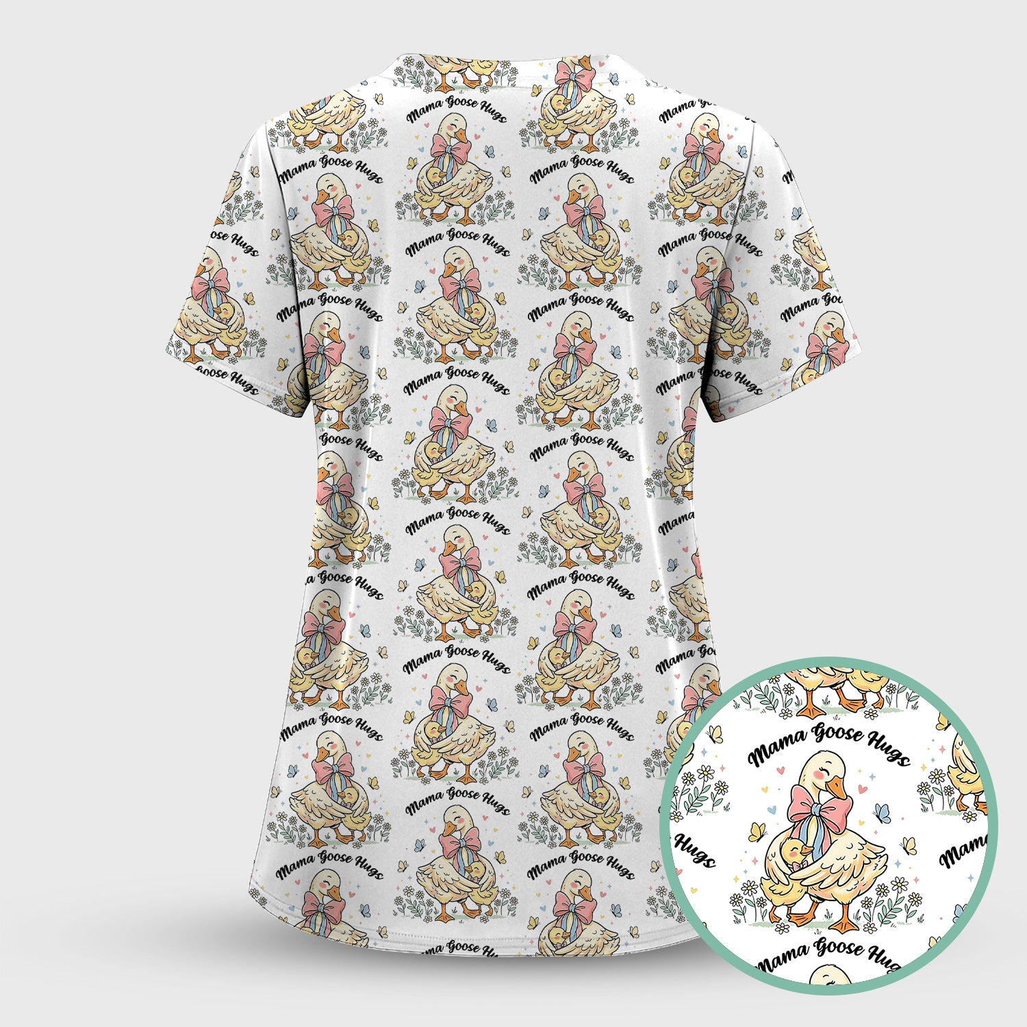 Cute Mama Goose Hug Pattern Scrub Top, Comfortable Scrubs For Nurses