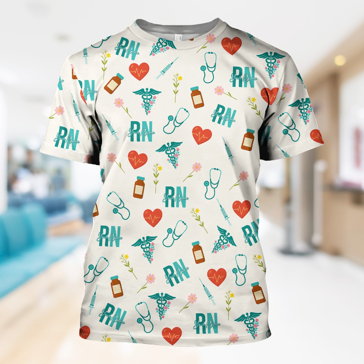 Personalized RN T-Shirt for Women - Graphic Tee with Cute Medical Pattern - Gift for CNA, LPN, Medical Worker