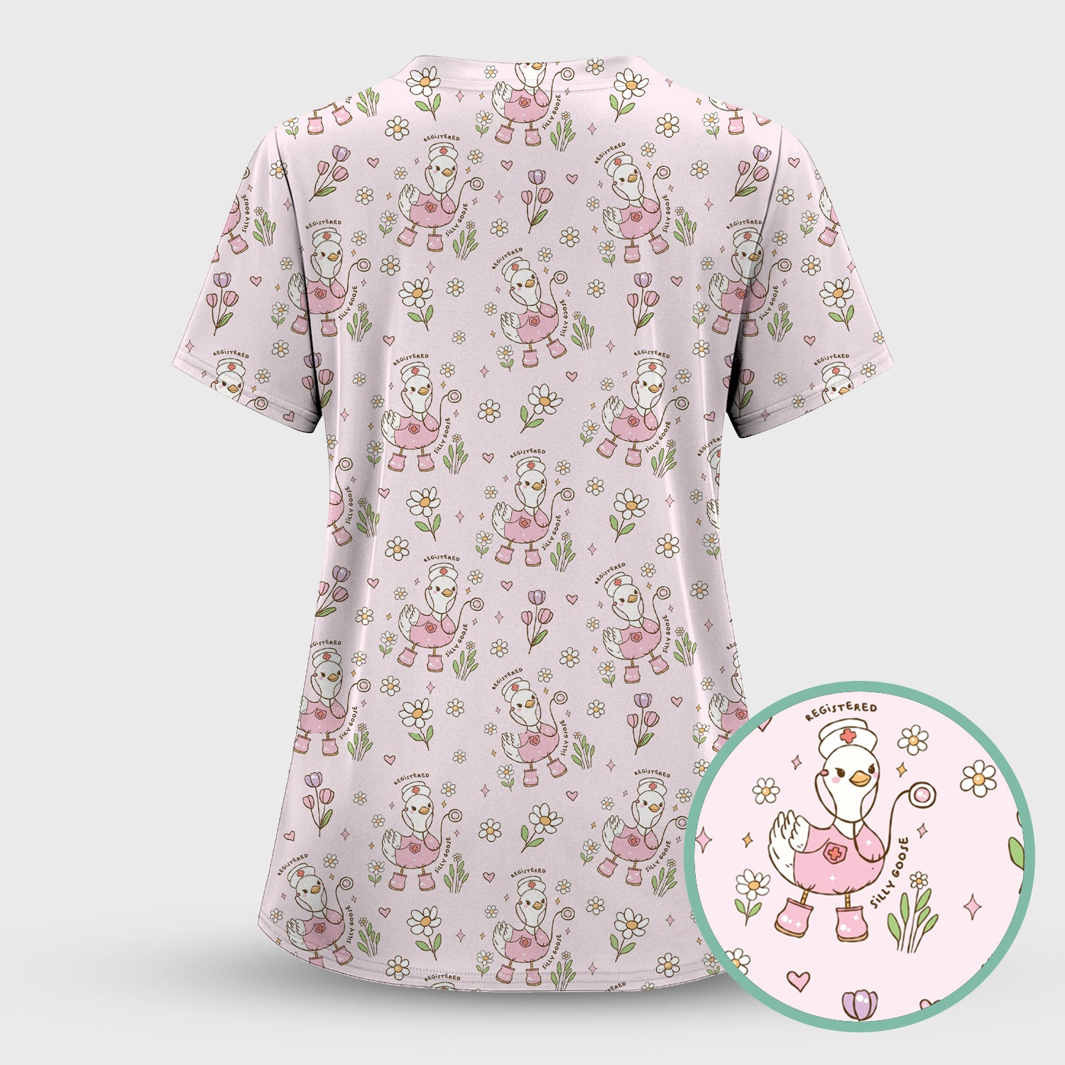 Funny Nurse Goose Daisy Print Scrub Top, Breathable Fabrics Nursing Uniform