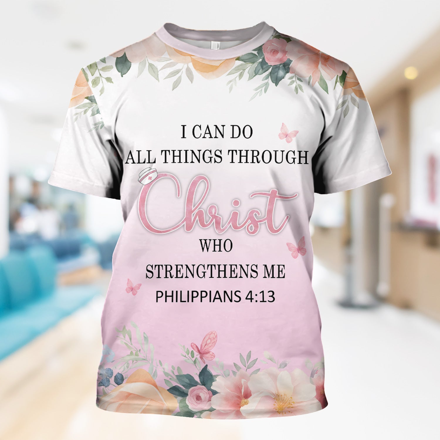 Christian Inspirational Floral Shirt - Inspirational Bible Verse Apparel - Gift for RN LPN CNA Healthcare Staff