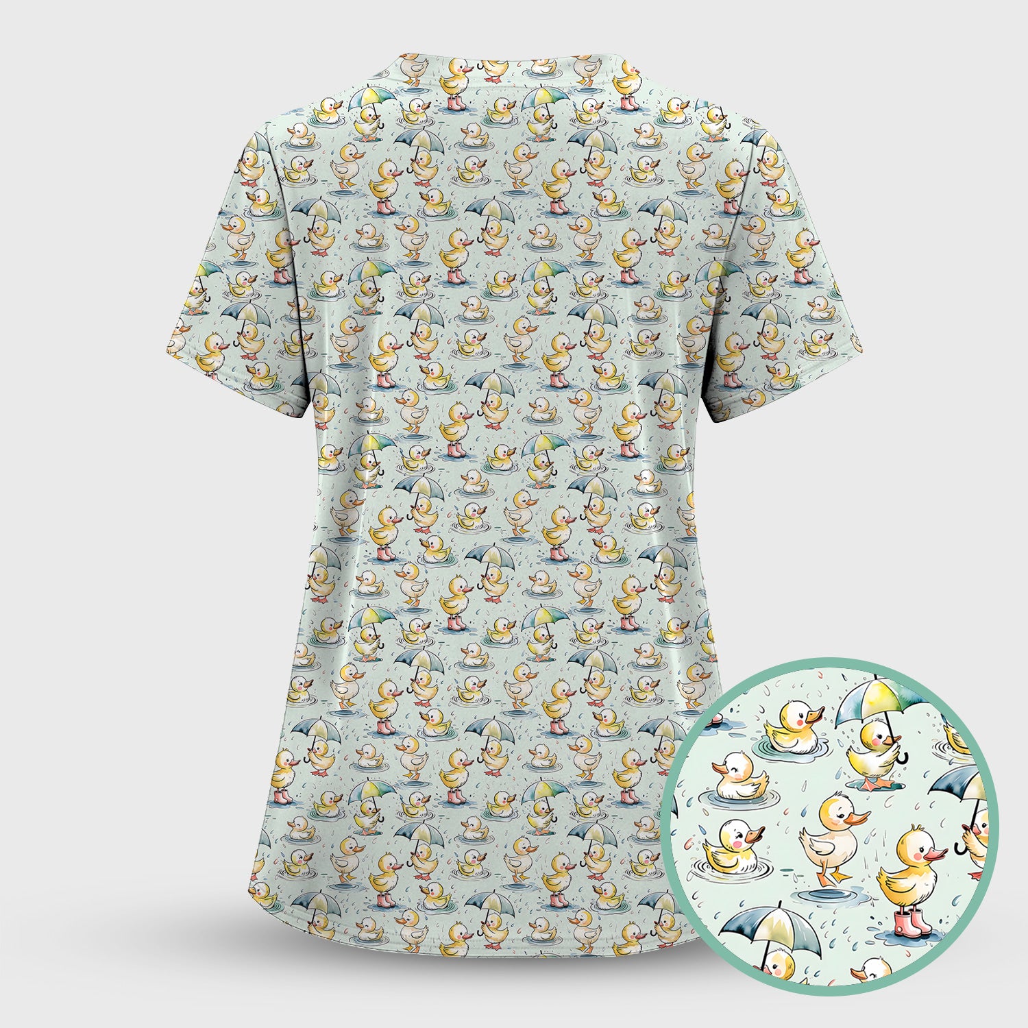 Playful Duck Rain Umbrella Print Nurse Scrub Top, Breathable Fabrics Nursing Uniform