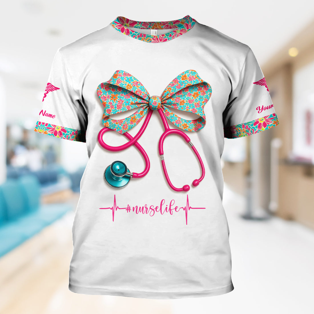 Custom Name Floral Bow Nurse Life Shirt - Cute Stethoscope Design with Heartbeat Graphic - Gift for RN LPN CNA Medical Staff