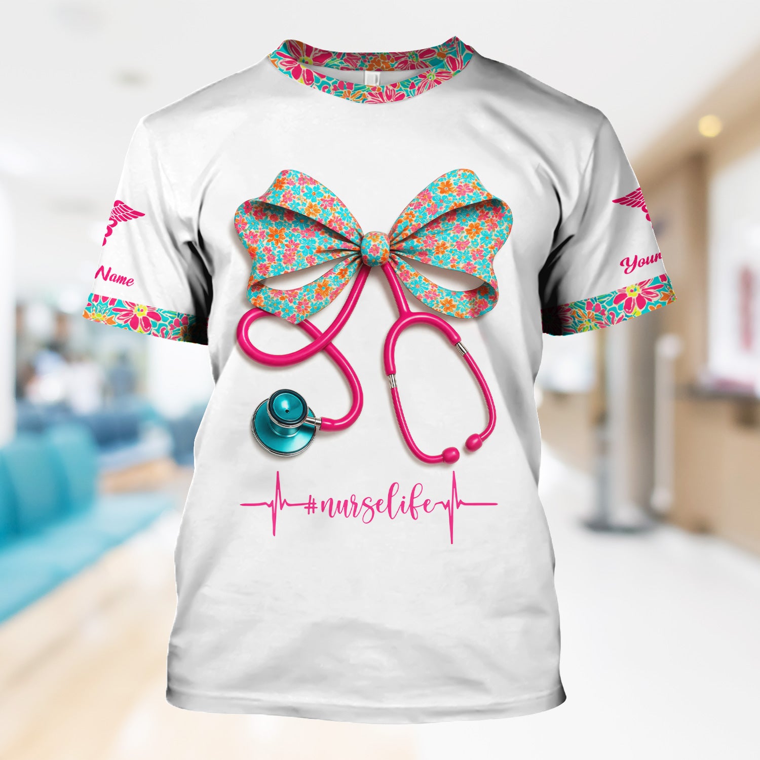 Custom Name Floral Bow Nurse Life Shirt - Cute Stethoscope Design with Heartbeat Graphic - Gift for RN LPN CNA Medical Staff