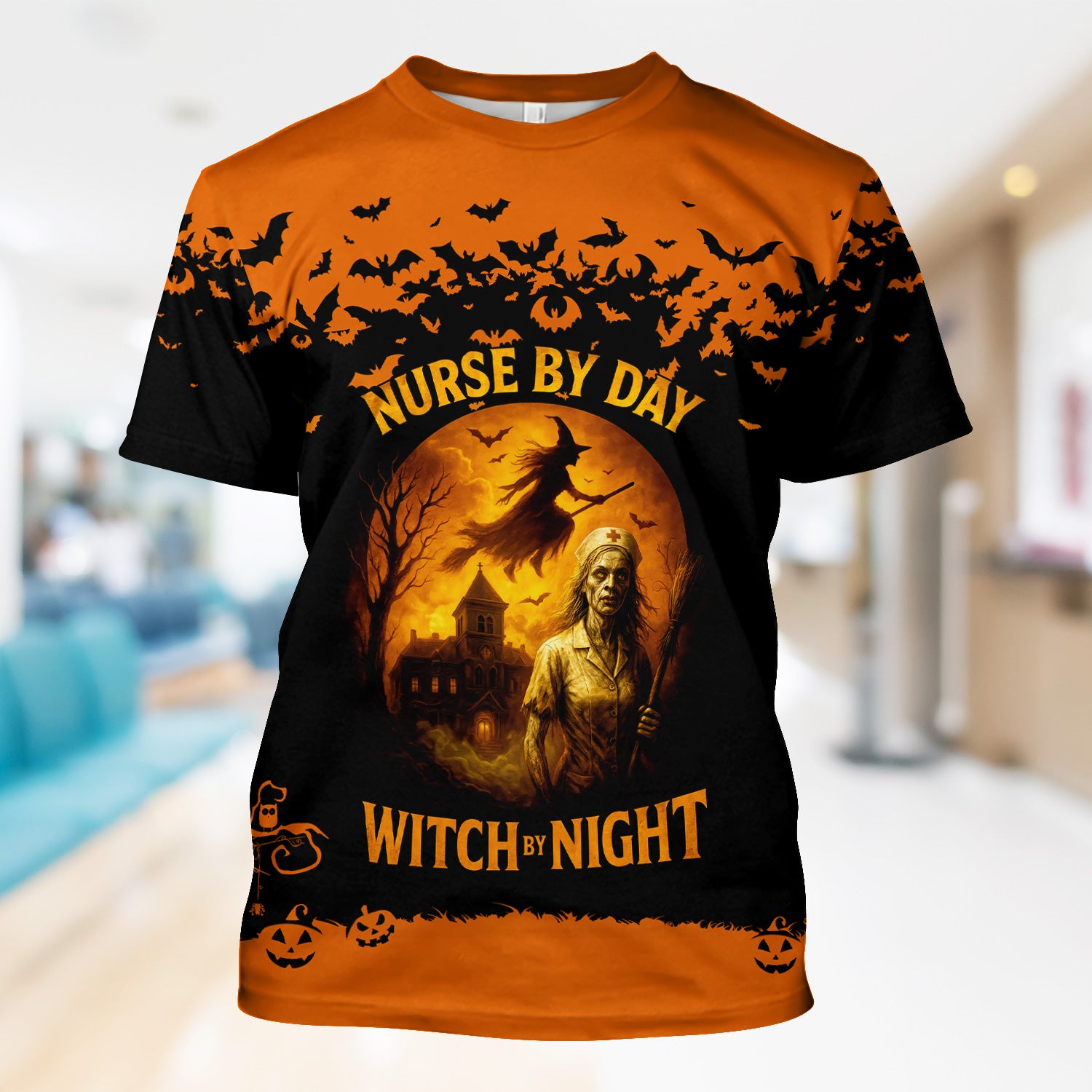 Funny Halloween Nurse Shirt - Nurse By Day Witch By Night Spooky Design - Custom Name Gift For RN LPN CNA Healthcare Workers