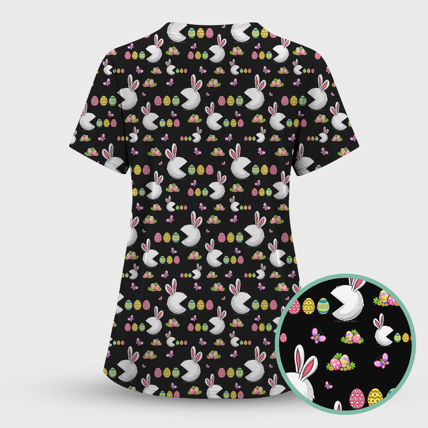 Easter Bunny and Colorful Eggs Print Scrub Top, Breathable Fabrics Nursing Uniform