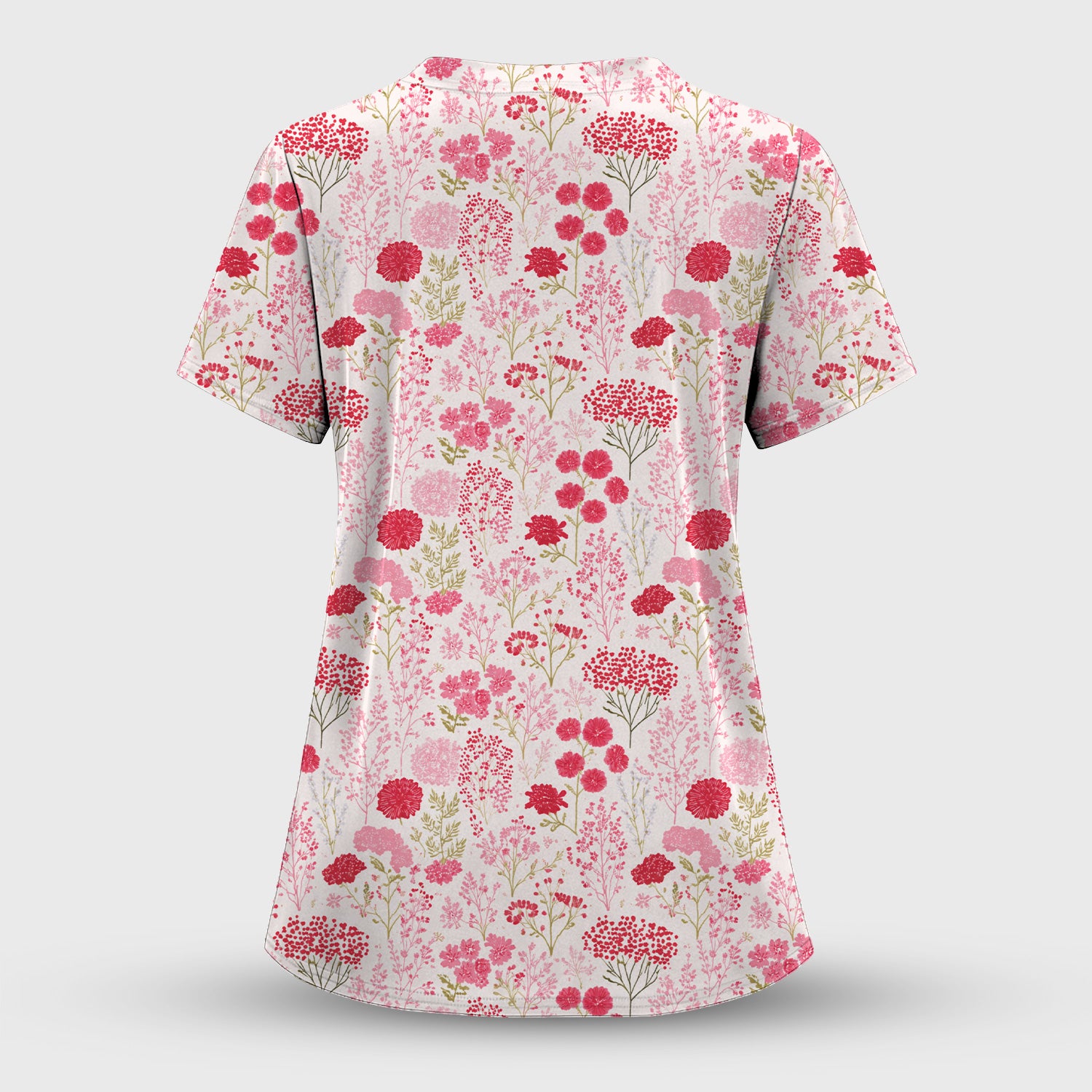 Pink Floral Pattern Allover Print Scrub Top, Breathable Fabrics Nursing Uniform