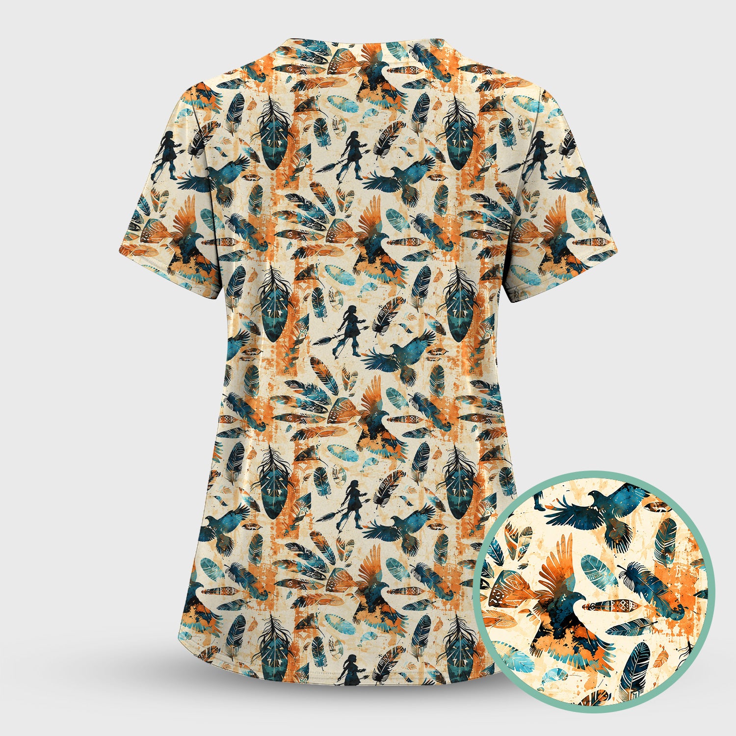Feather Birds Tribal Print Scrub Top, Comfortable Scrubs for Nurses