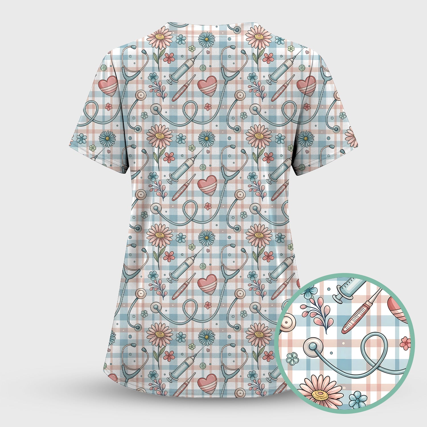 Stethoscope Heart Syringe Floral Plaid Pattern Scrub Set, Scrub Pants and V Neck Top