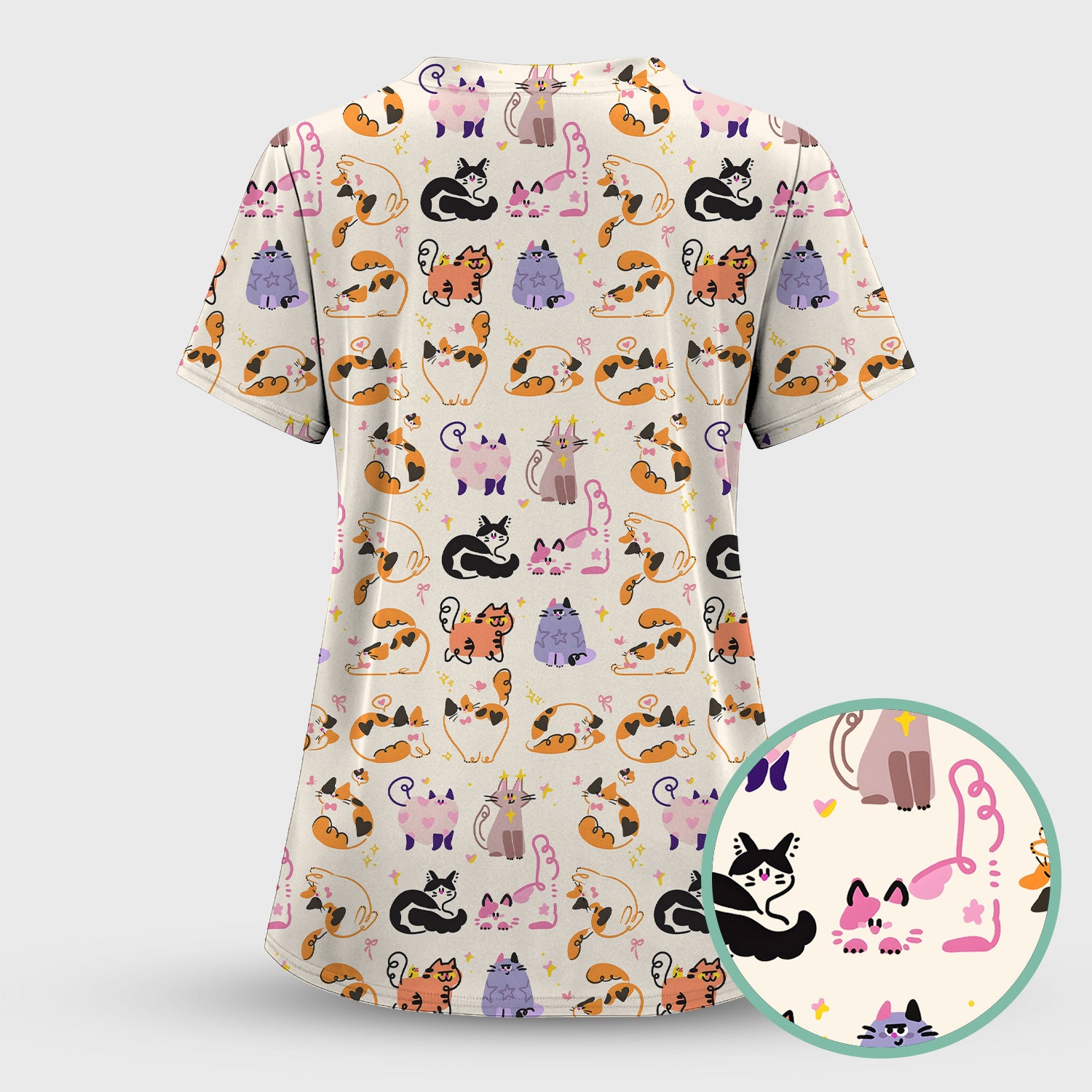Funny Cat Pattern Scrub Top, Cute Cats Nursing Uniform For Women