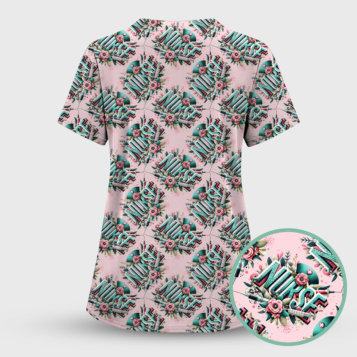 Cute Nurse Typography Floral Medical Pattern Scrub Set, Scrub Pants and V Neck Top